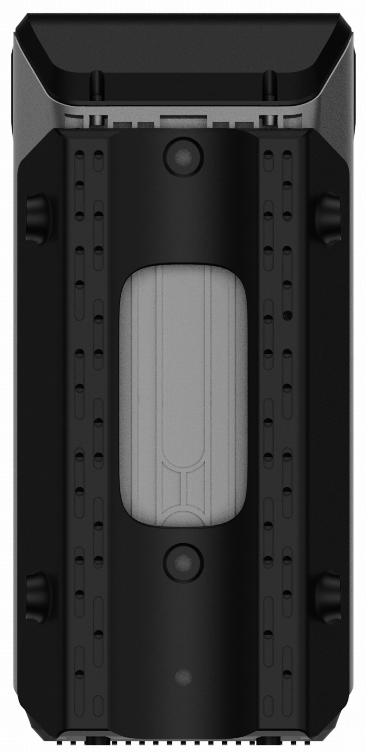 Vista frontale di un dispositivo elettronico nero e grigio con fori di ventilazione e design verticale.
