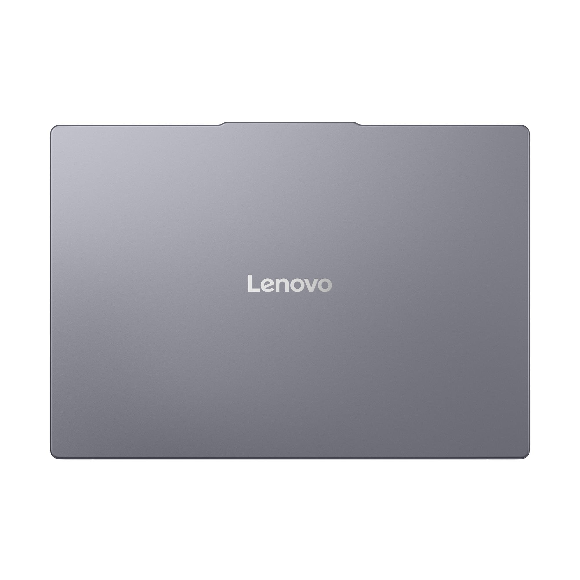 Coperchio del laptop Lenovo grigio chiuso con il logo lucido Lenovo al centro su uno sfondo bianco.