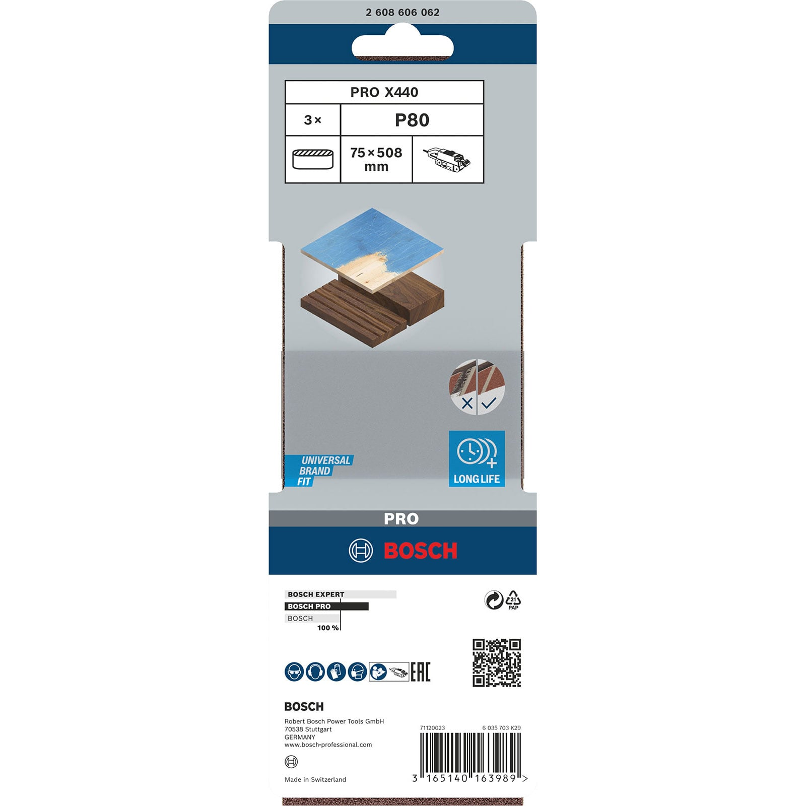 Bosch PRO X440 Schleifband Verpackung mit Produktdetails, Maßen und Bosch-Logo.