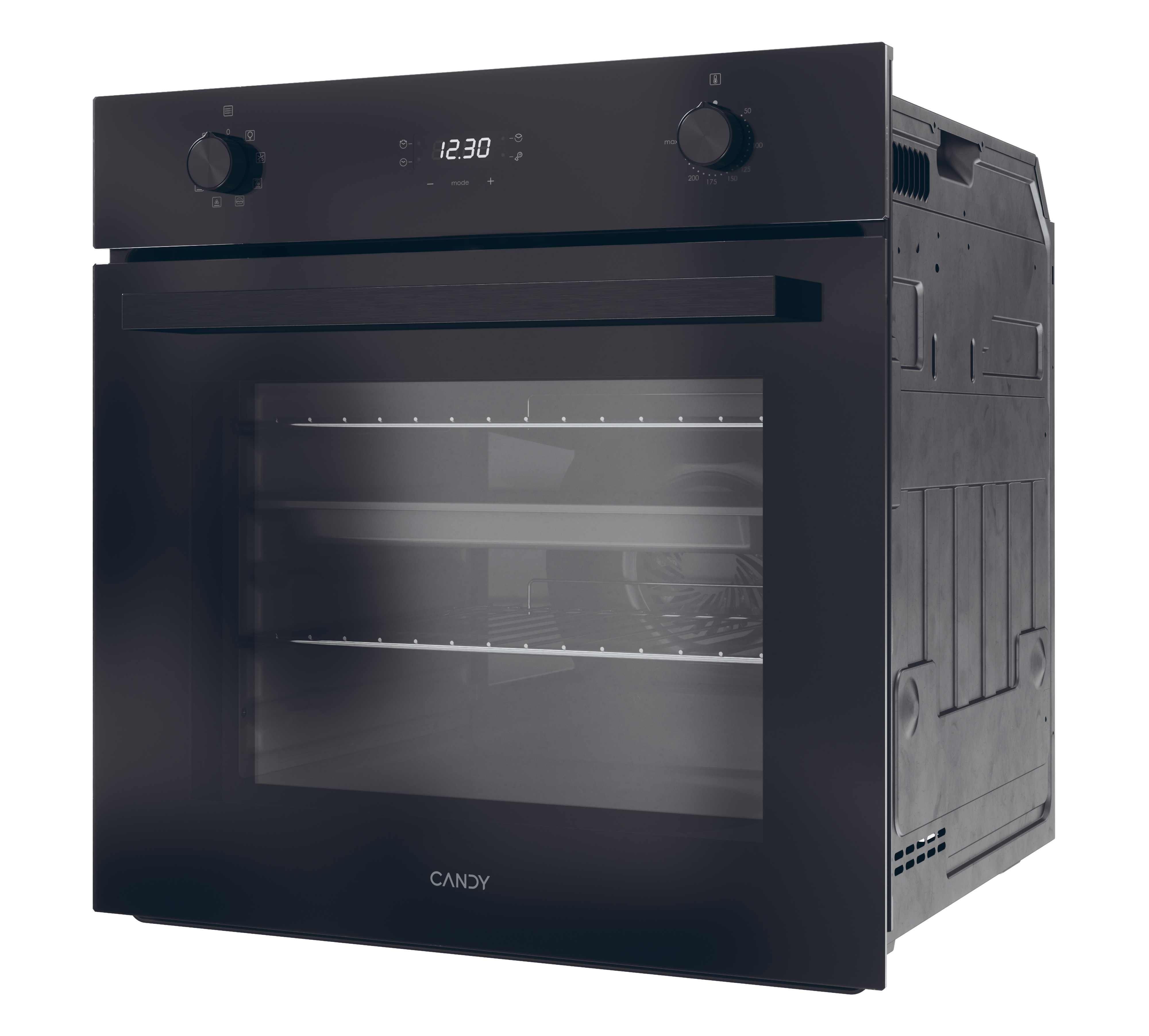 Un forno da incasso nero con display digitale, due manopole e porta in vetro con ripiani.