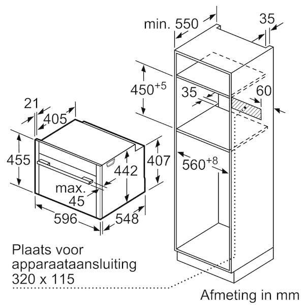 Disegno tecnico con le dimensioni di installazione di un elettrodomestico e un mobile.