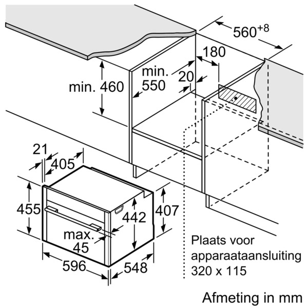 Disegno tecnico con le dimensioni di installazione per un elettrodomestico in mm.