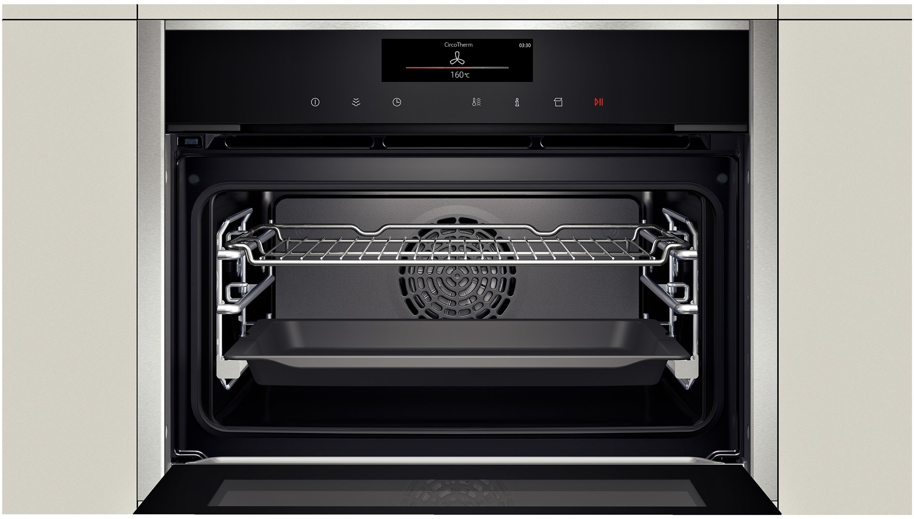 Forno da incasso in acciaio inox con interno nero, griglia superiore, teglia inferiore e pannello digitale.