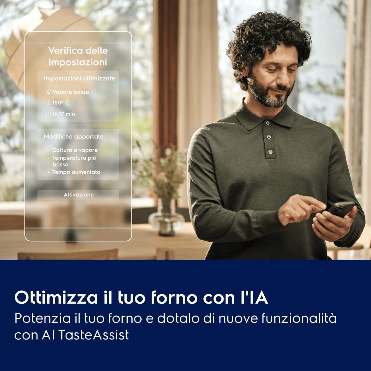 Un uomo con capelli scuri e barba usa uno smartphone davanti a una finestra della cucina con un'interfaccia app sovrapposta.