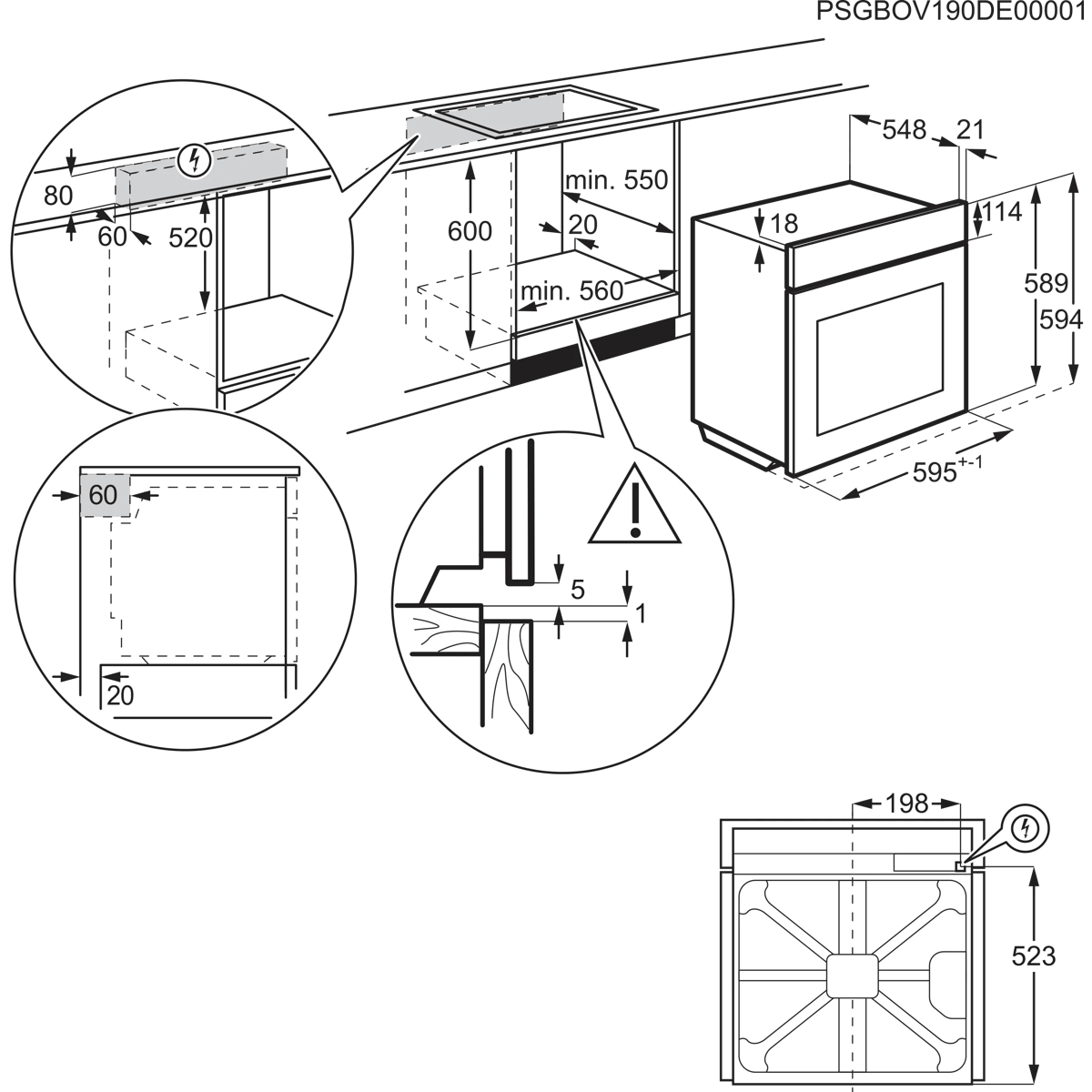Disegno tecnico delle quote di un forno da incasso con varie viste di dettaglio e misure.