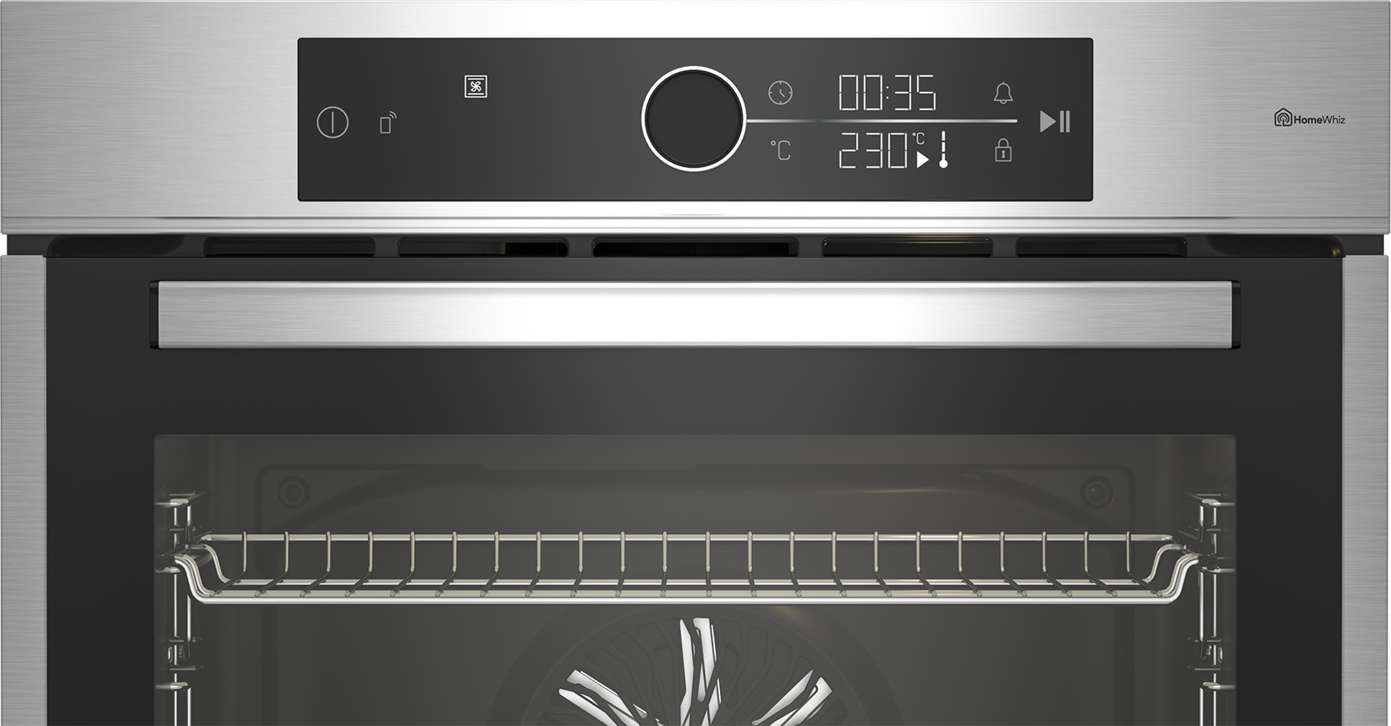 Vista frontale di un moderno forno in acciaio inossidabile con display nero che mostra 00:35 e 230 gradi.