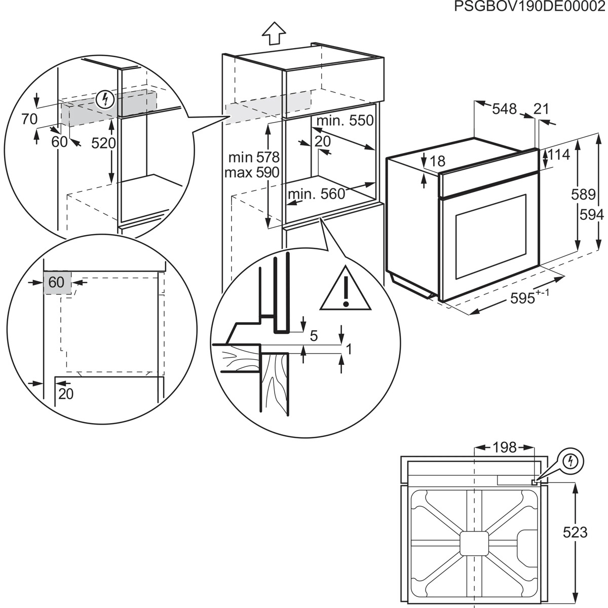 Disegno tecnico con dimensioni di installazione per un forno, viste dettagliate e collegamenti.