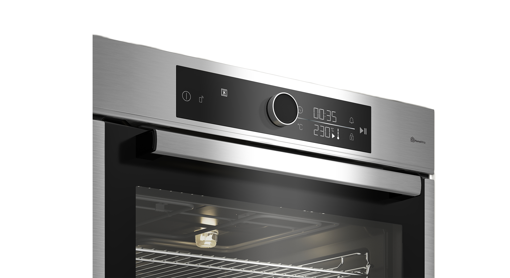 Forno in acciaio inossidabile con display digitale, manopola e interno illuminato con griglie.