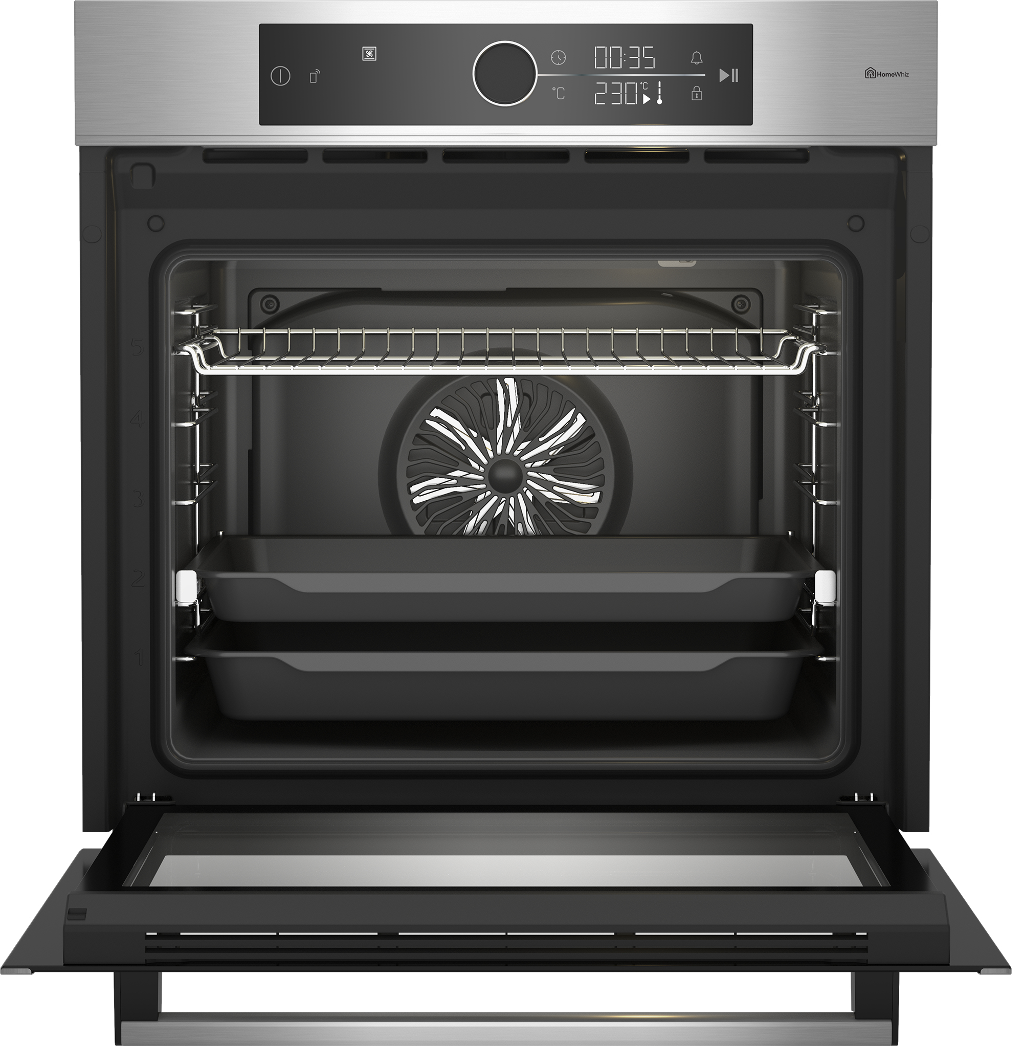Forno nero aperto con pannello in acciaio inox, display digitale, due teglie e una griglia all'interno.