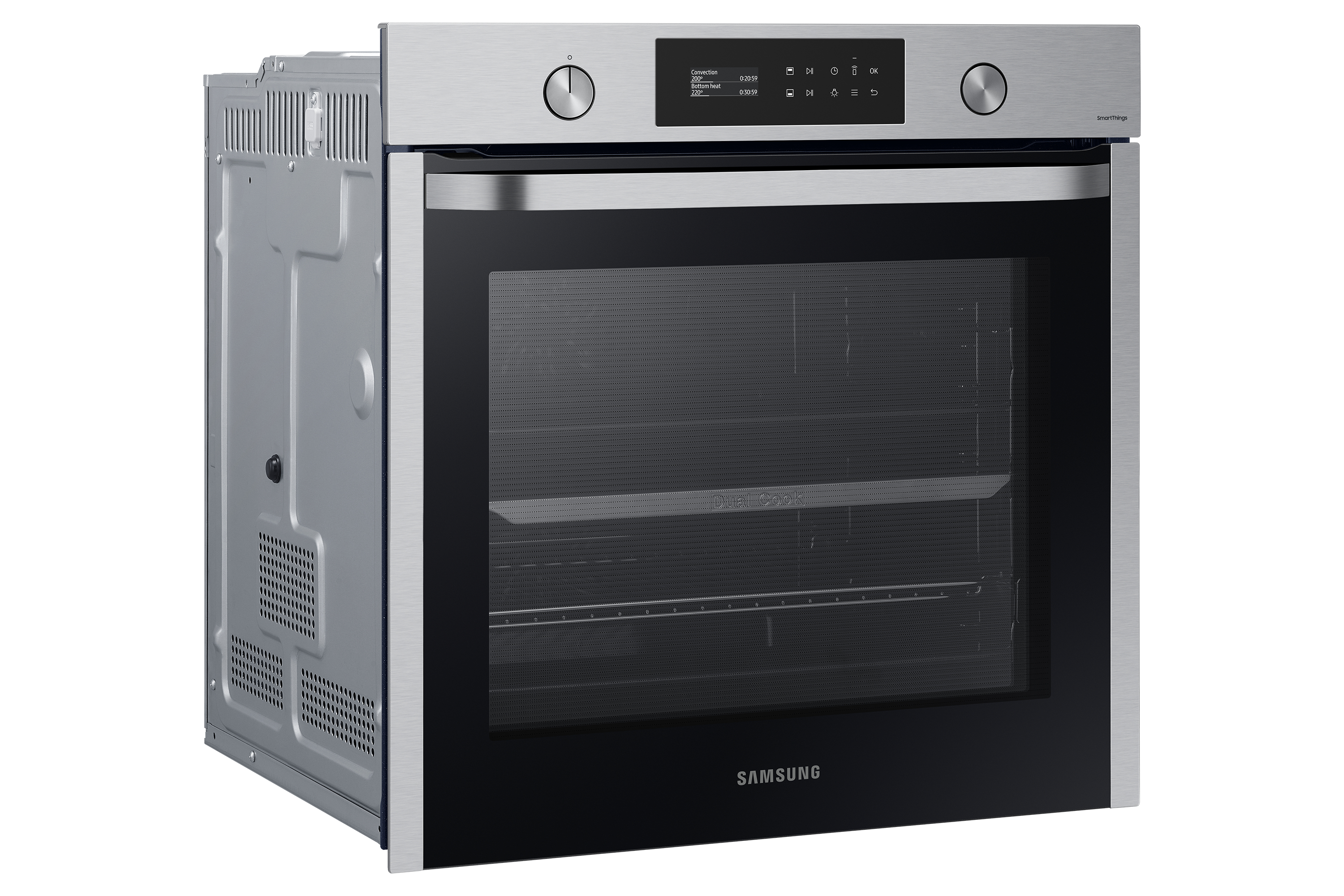Forno da incasso in acciaio inossidabile con porta in vetro nero, display digitale e manopole.