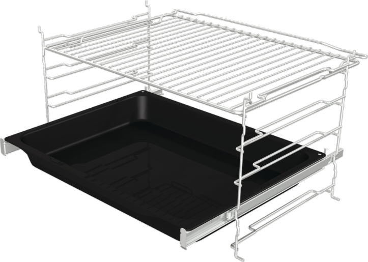 Una griglia da forno e una teglia nera su guide metalliche estensibili.