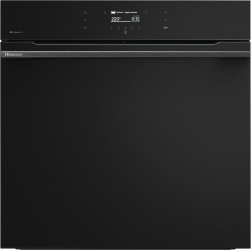 Moderno forno da incasso Hisense nero con display digitale ed elegante maniglia sul davanti.