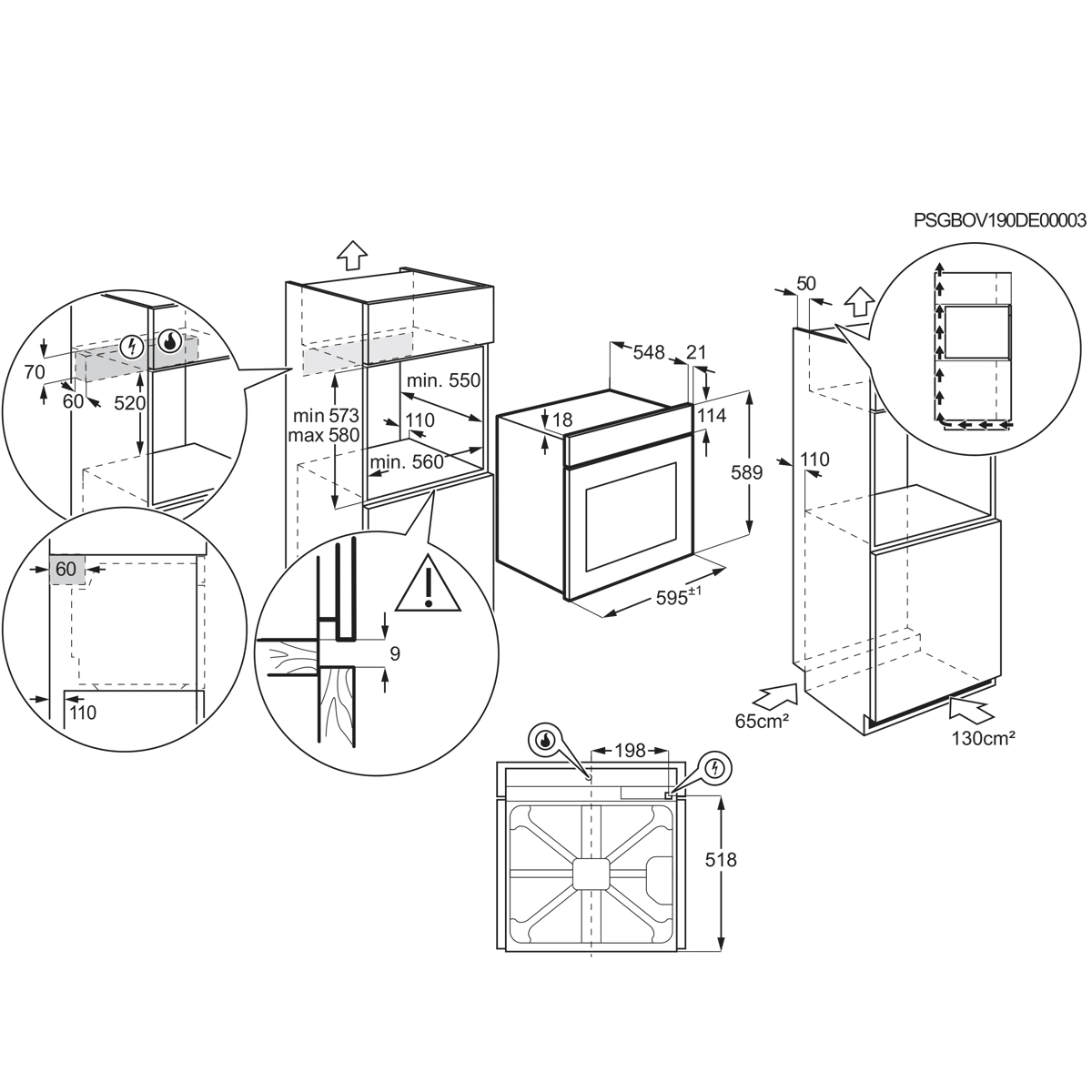 Disegno tecnico che mostra le dimensioni di installazione per un forno.