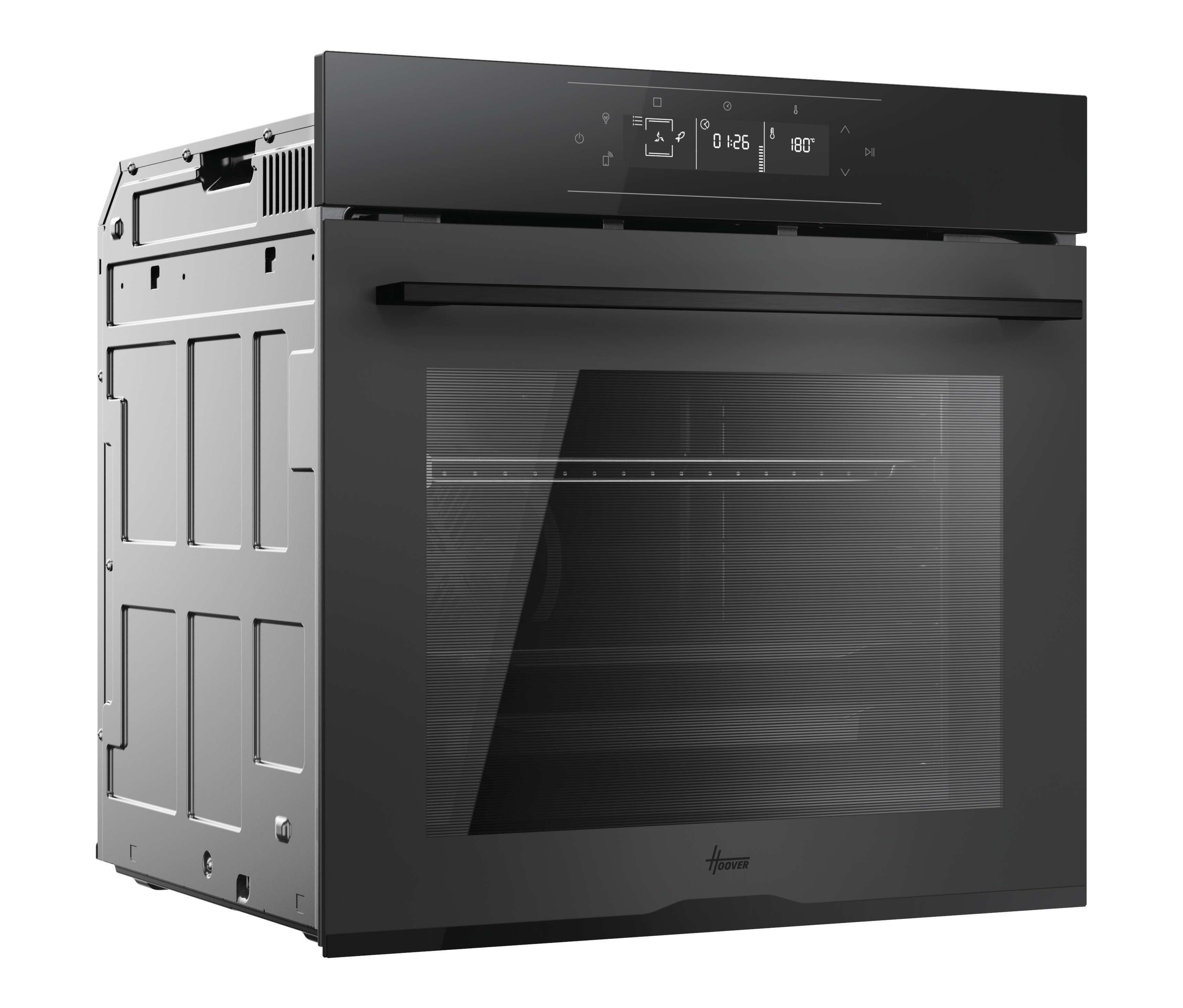 Moderno forno da incasso nero con display touch digitale e porta in vetro su sfondo bianco.