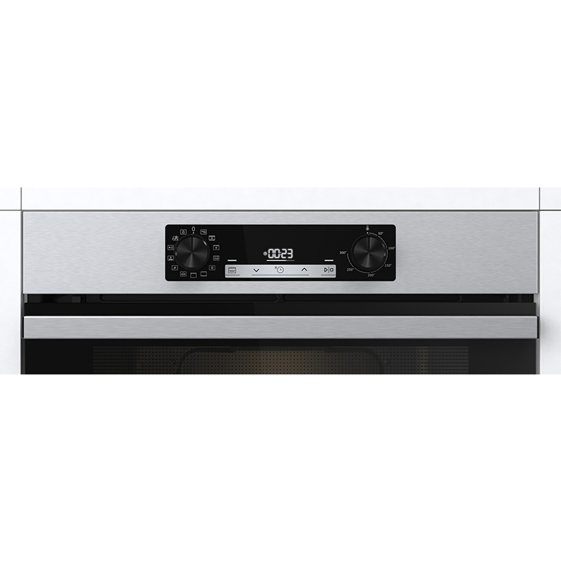 Pannello di controllo del forno in acciaio inossidabile con due manopole circolari e display digitale.