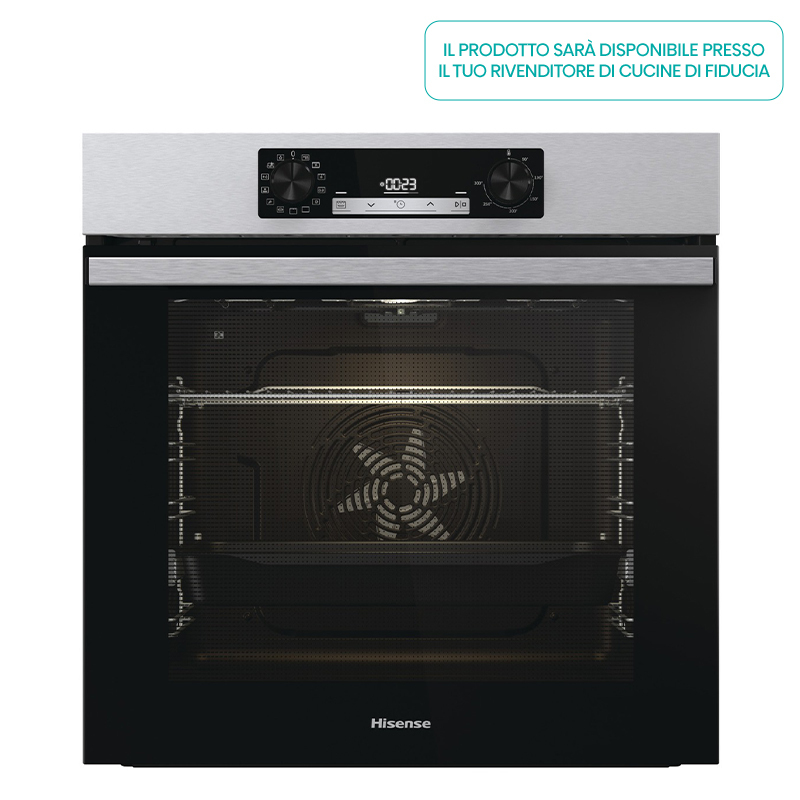 Forno elettrico da incasso nero e argento con display digitale e porta in vetro.