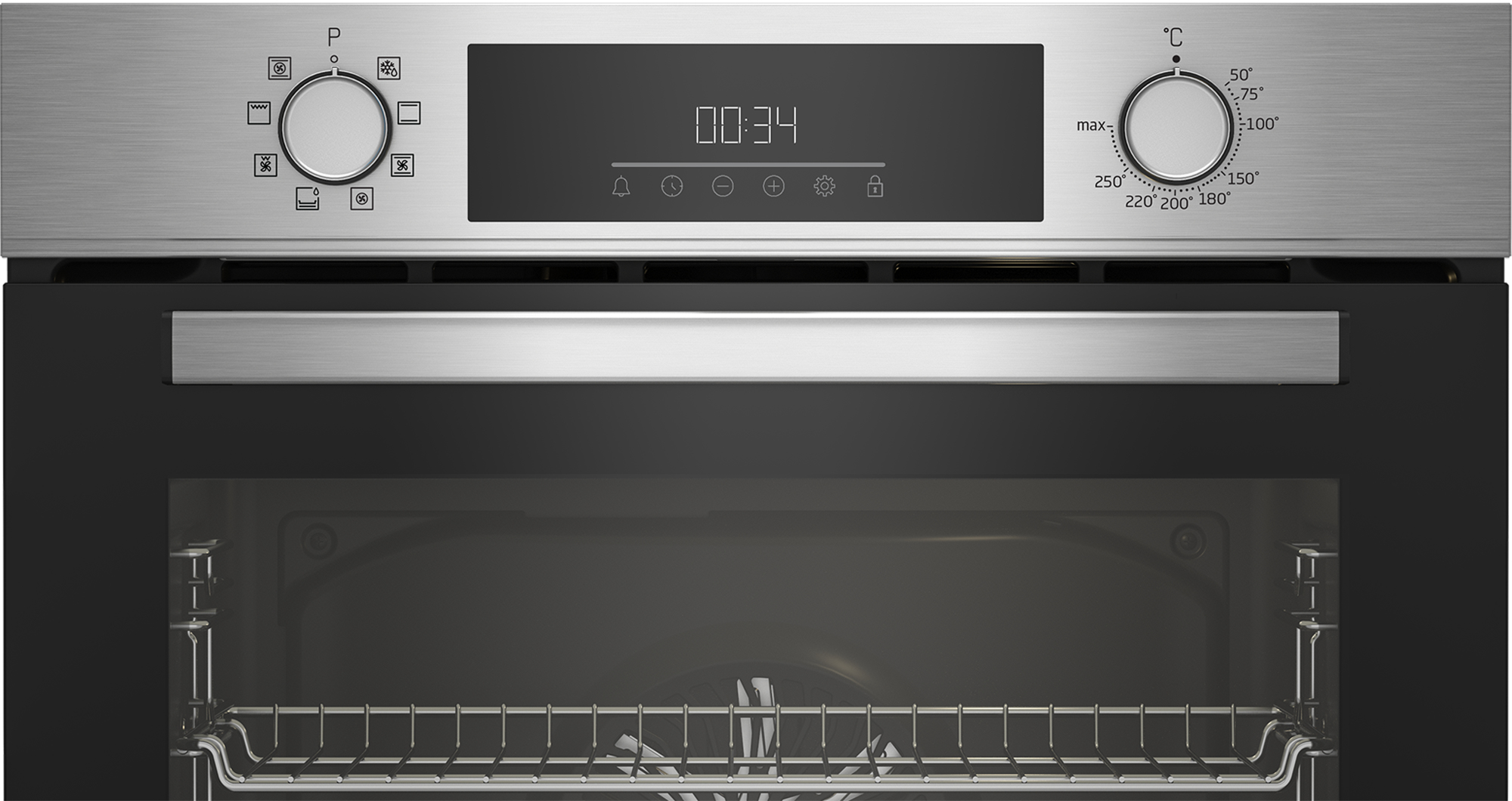Forno elettrico moderno argento e nero con manopole, display digitale 00:34 e griglia.