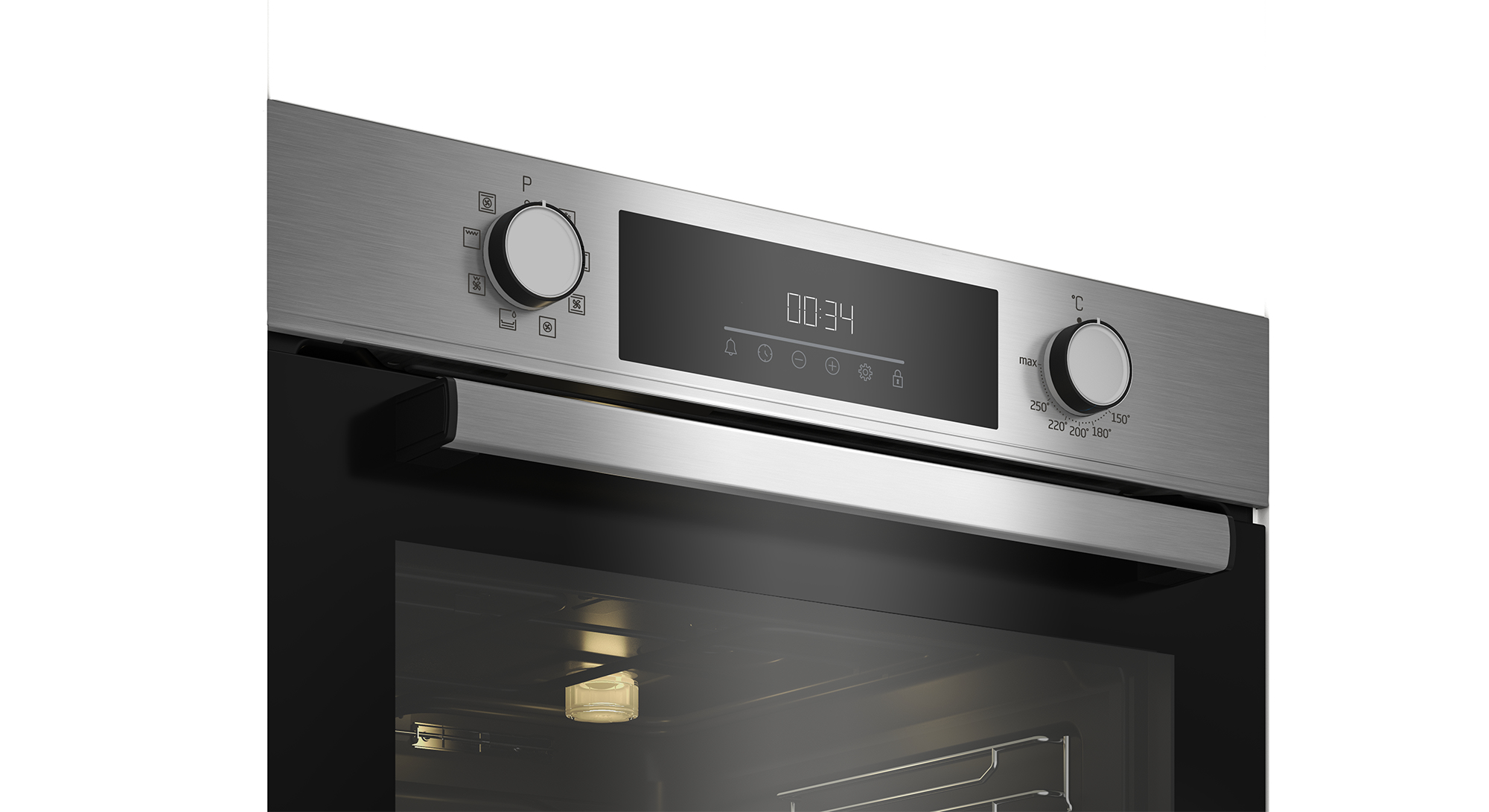 Pannello di controllo forno in acciaio inossidabile con display digitale, due manopole e porta in vetro.