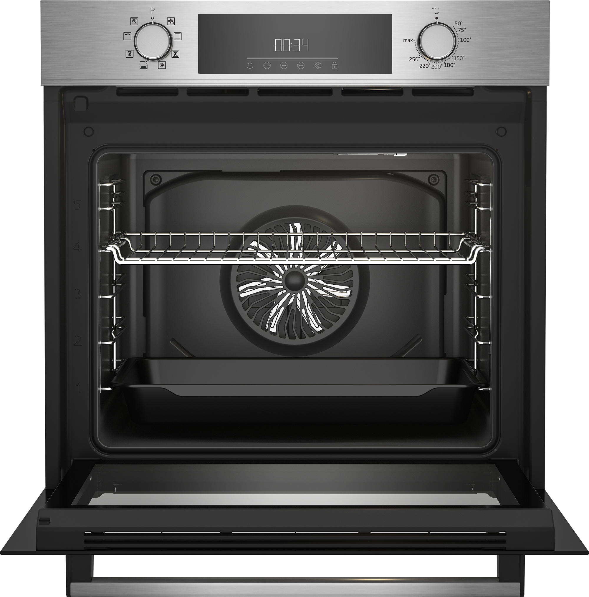 Forno in acciaio inossidabile con porta a vetro aperta, display digitale, manopole, griglia e teglia nera.