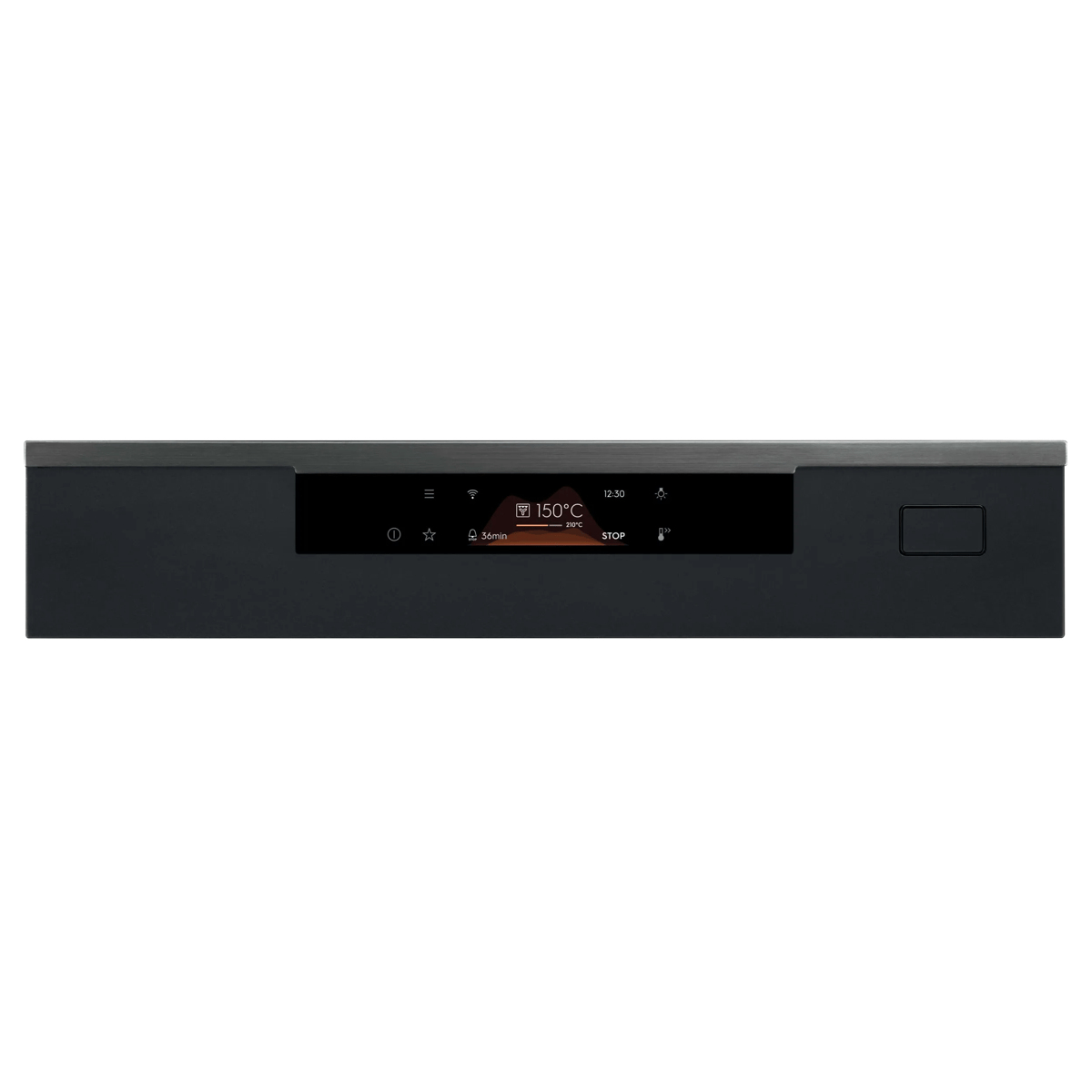 Vista frontale di un moderno pannello di controllo per forno nero con display digitale e pulsanti a sfioramento.