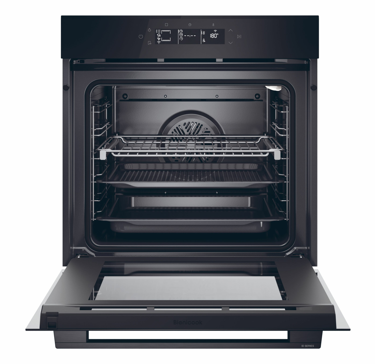 Un moderno forno da incasso nero con porta aperta, griglie metalliche e teglie all'interno, con display digitale.