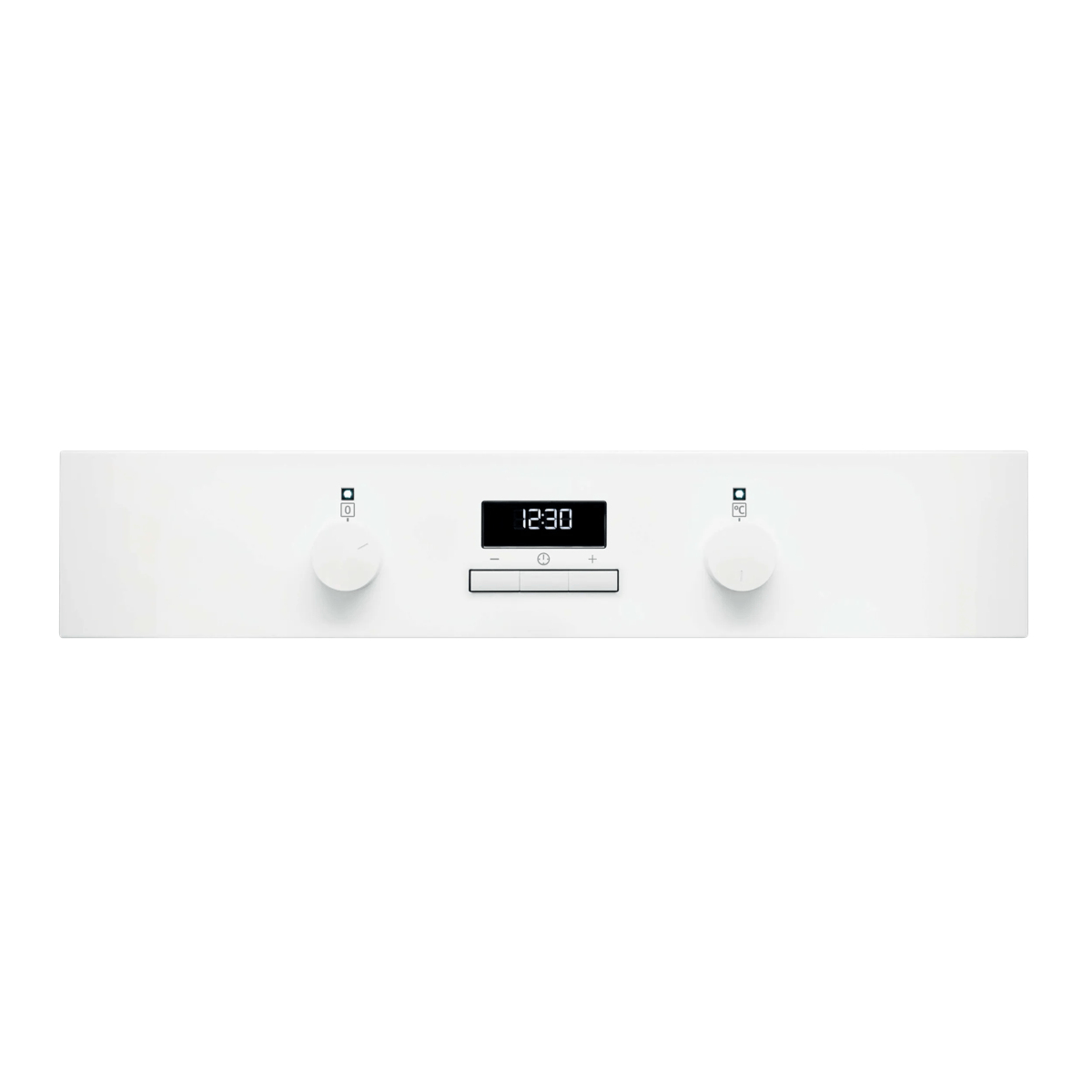 Pannello di controllo del forno bianco con due manopole, display digitale centrale e tre pulsanti.