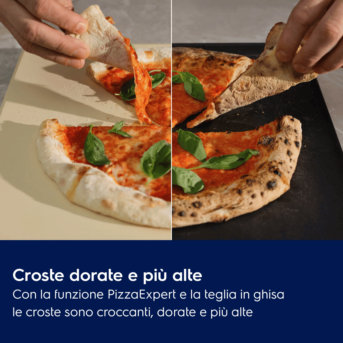 Confronto di croste di pizza cotte su pietra chiara e teglia scura, tenute da mani.