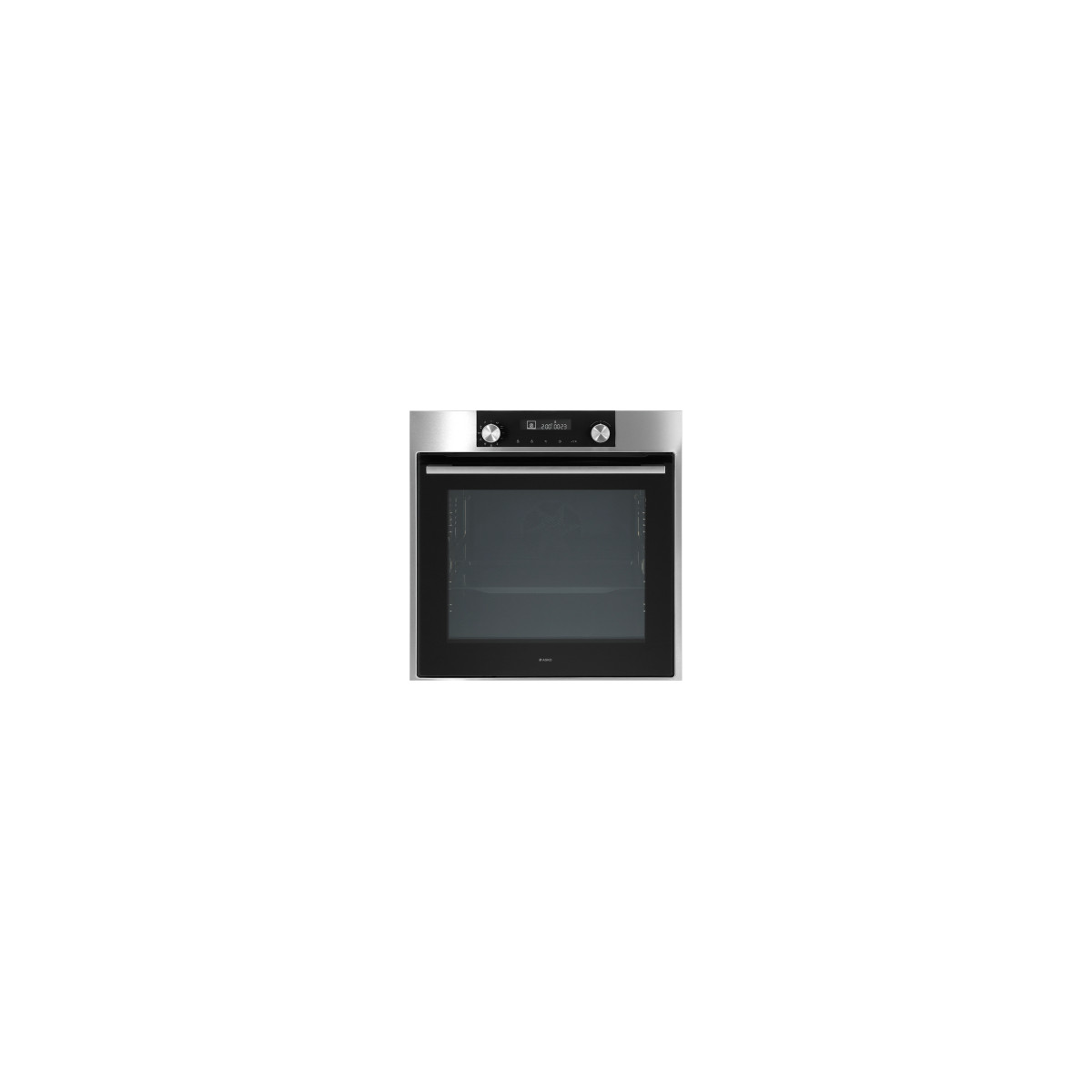 Un forno da incasso argentato con display digitale e due manopole su fondo bianco.