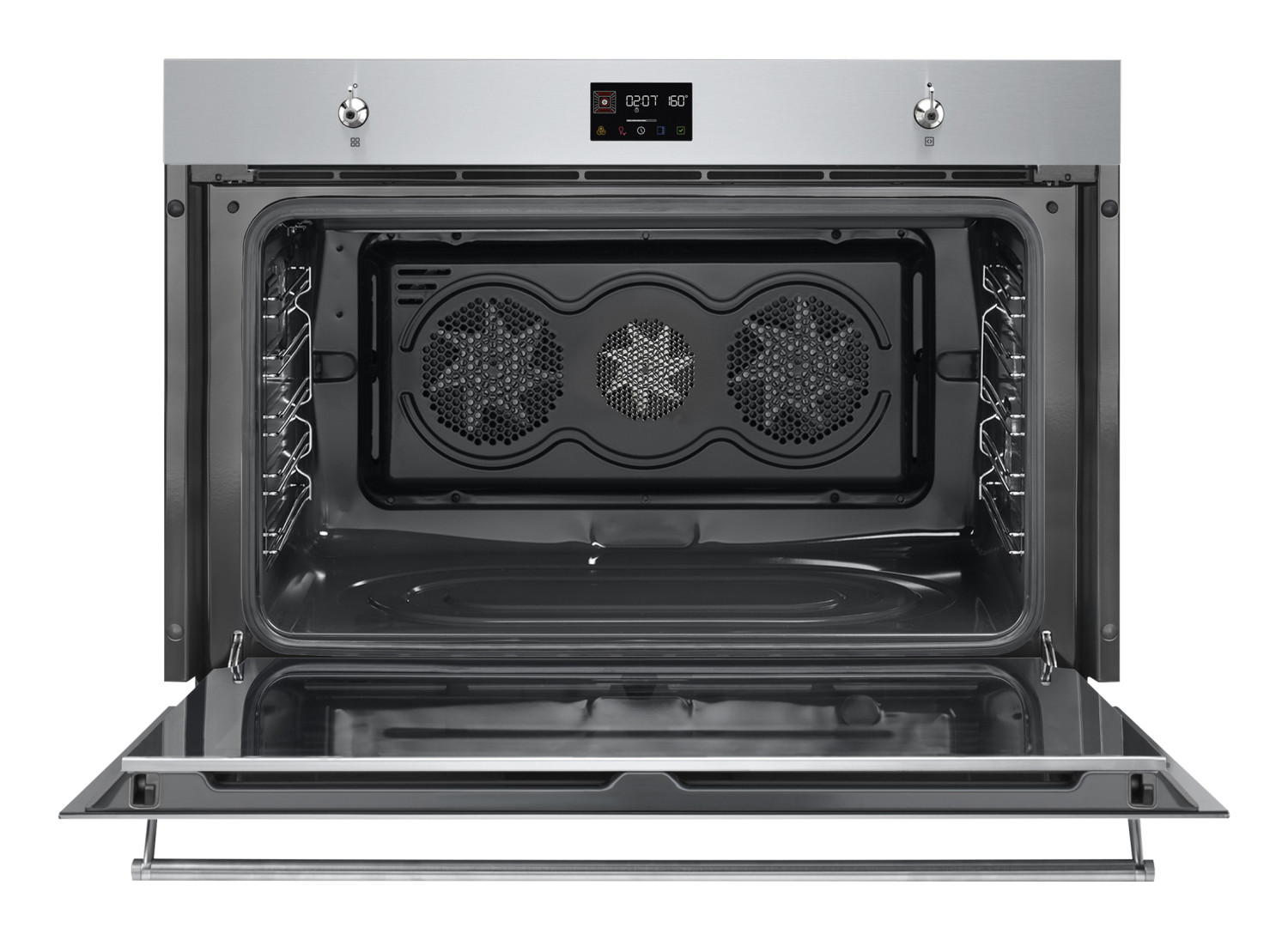 Forno aperto argento e nero con tre ventole sulla parete posteriore e display digitale in alto.