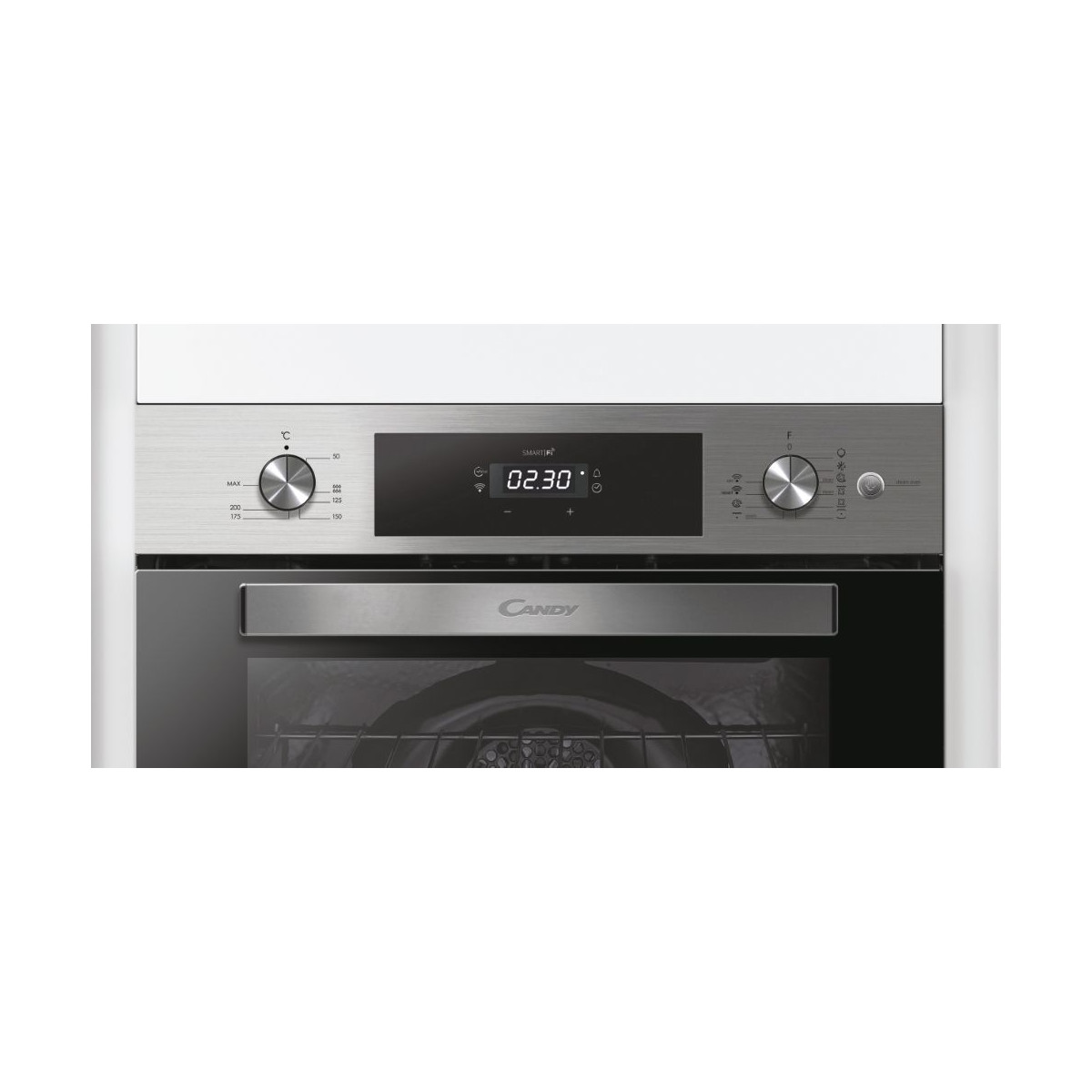Pannello di controllo forno in acciaio inox con due manopole argento, display digitale centrale e CANDY.