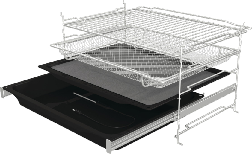 Set accessori forno con griglie, cesti a rete, teglie e sonda carne su sfondo bianco.