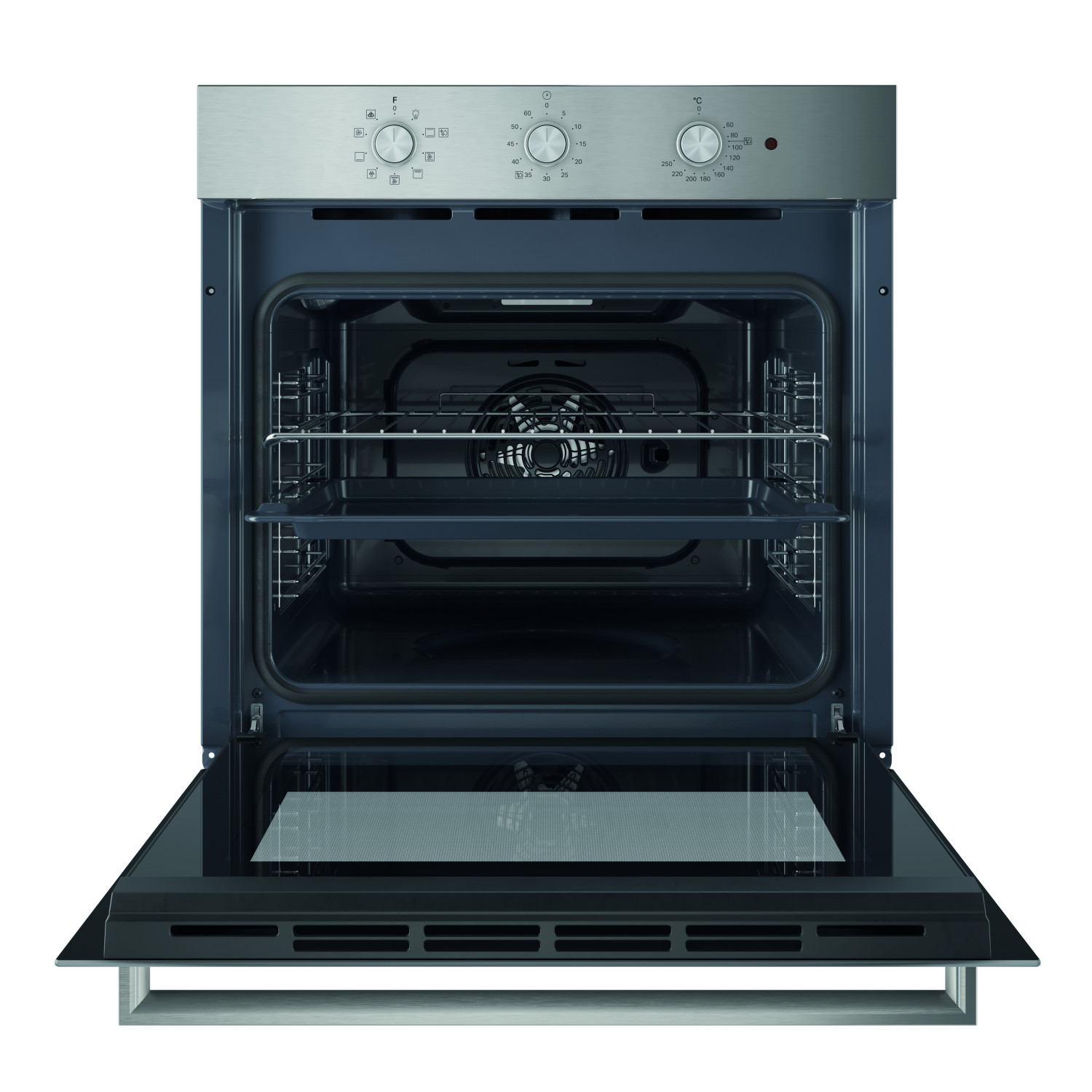 Forno in acciaio inossidabile con porta aperta, griglie e teglia.