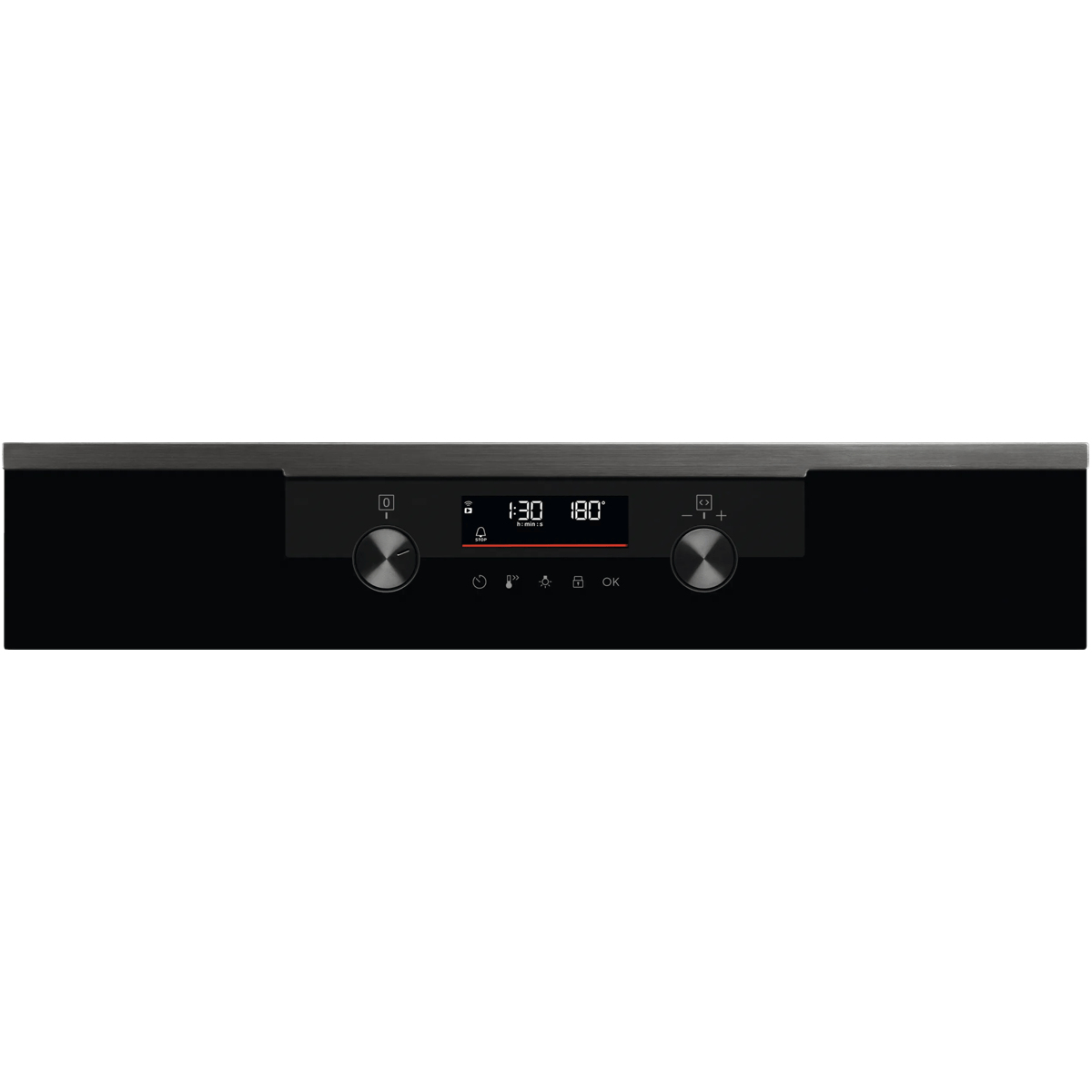 Pannello di controllo del forno nero con display digitale centrale, due manopole e icone a sfioramento.