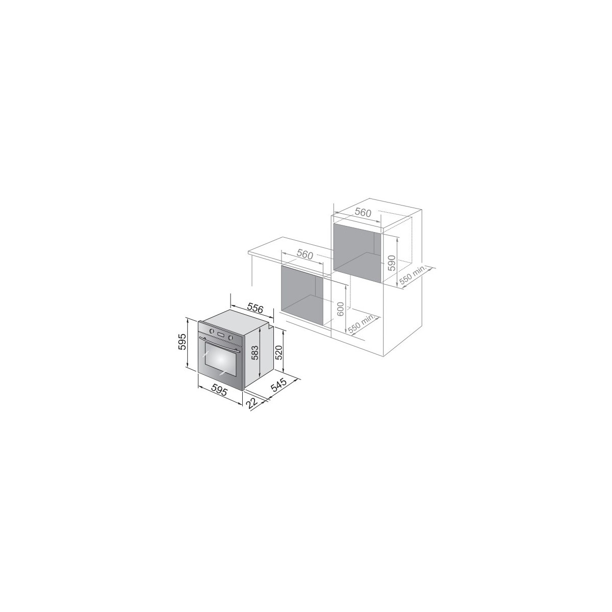 Disegno tecnico che mostra le dimensioni di installazione per un forno e mobili da cucina.