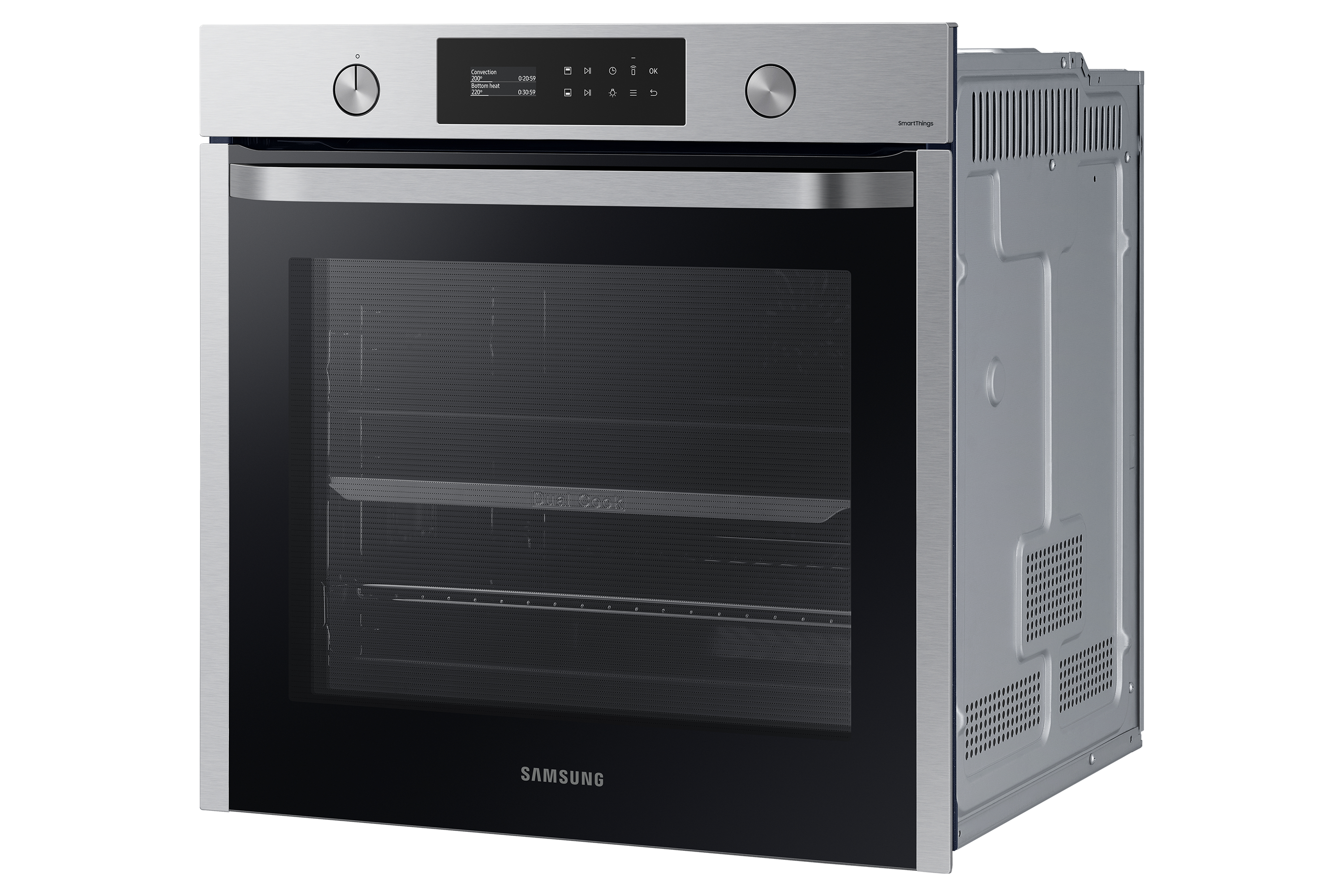 Un forno da incasso in acciaio inossidabile con porta in vetro nero, display digitale e due manopole su sfondo bianco.