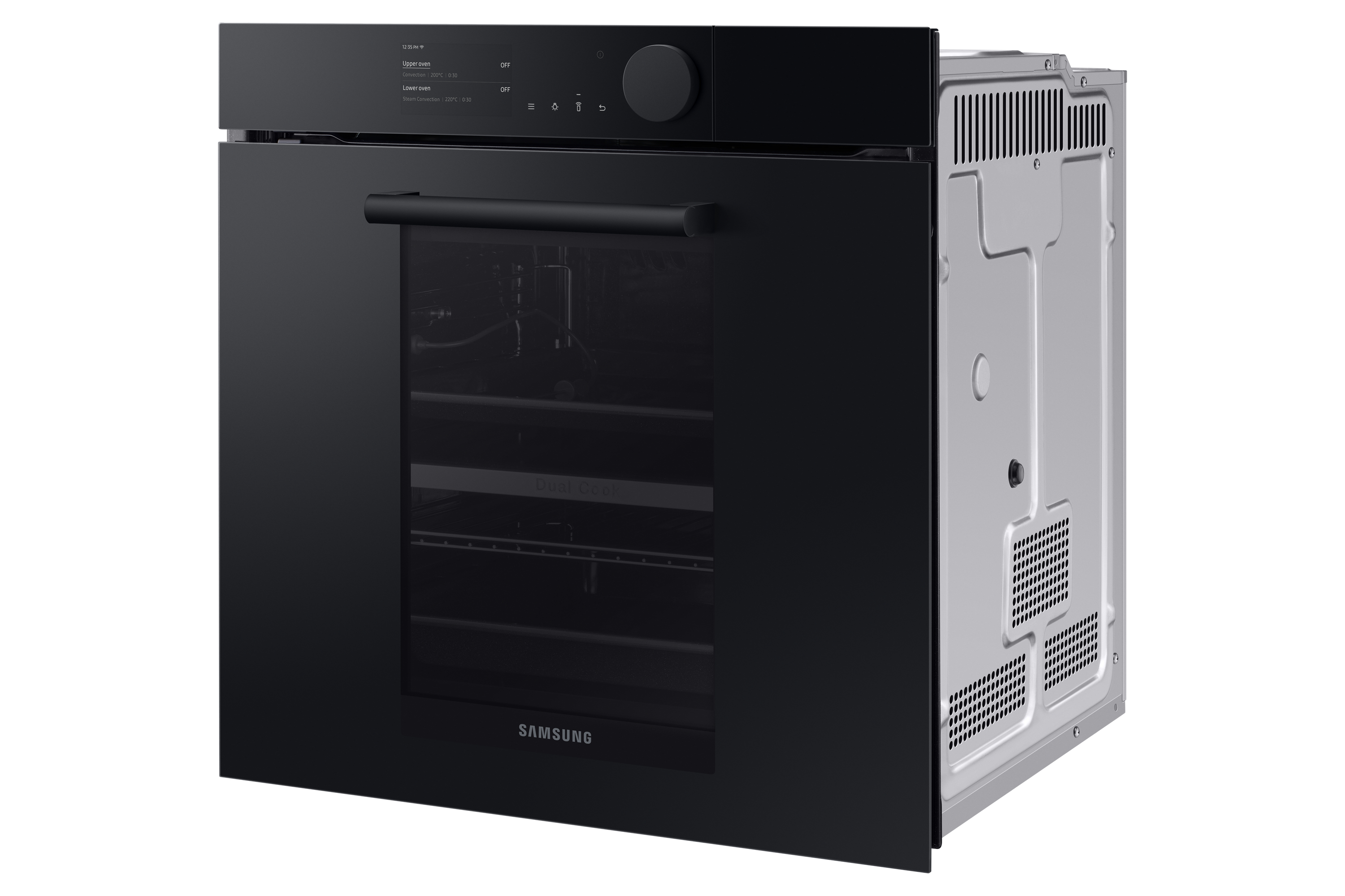 Un forno da incasso nero con display digitale, manopola, porta in vetro e pannello laterale in metallo.