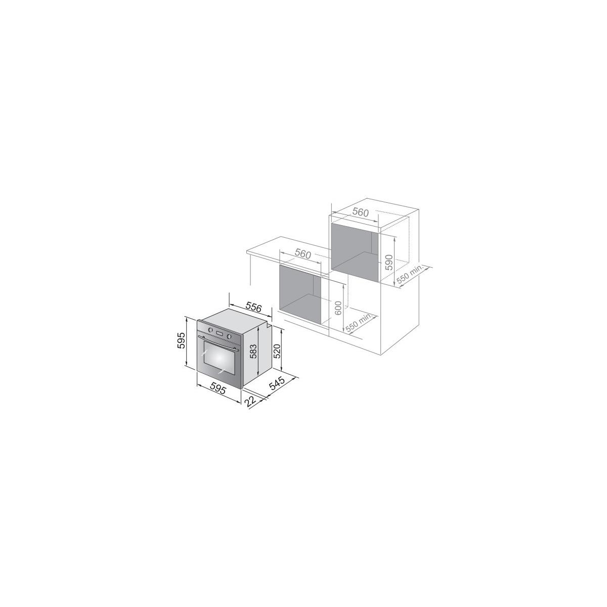 Disegno tecnico che mostra le dimensioni di installazione di un forno in millimetri.