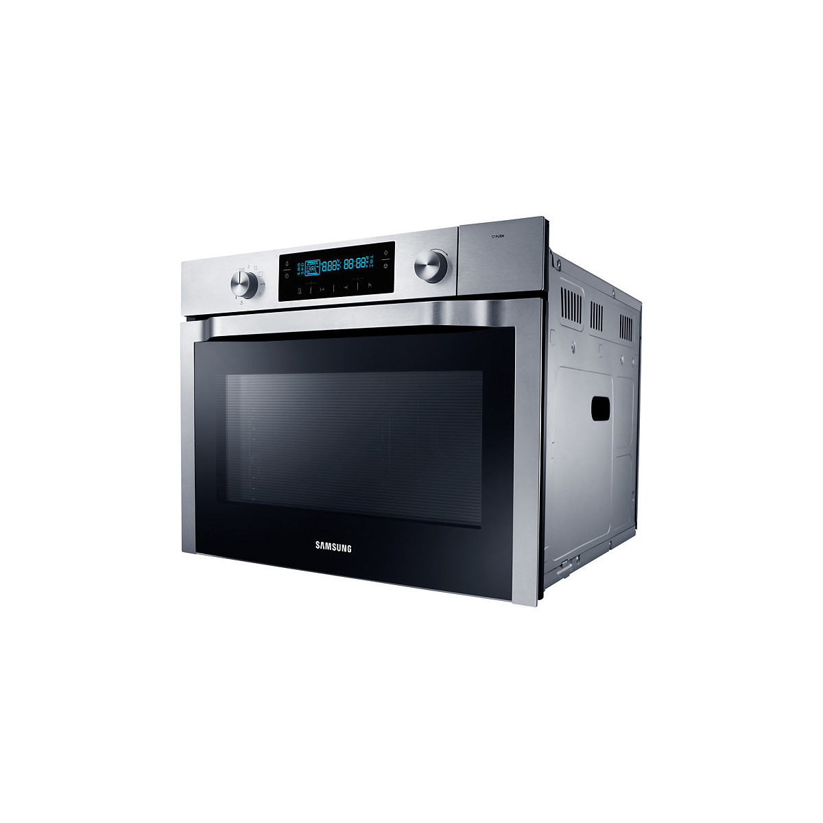 Forno da incasso Samsung argento con porta in vetro nero e display digitale su sfondo bianco.