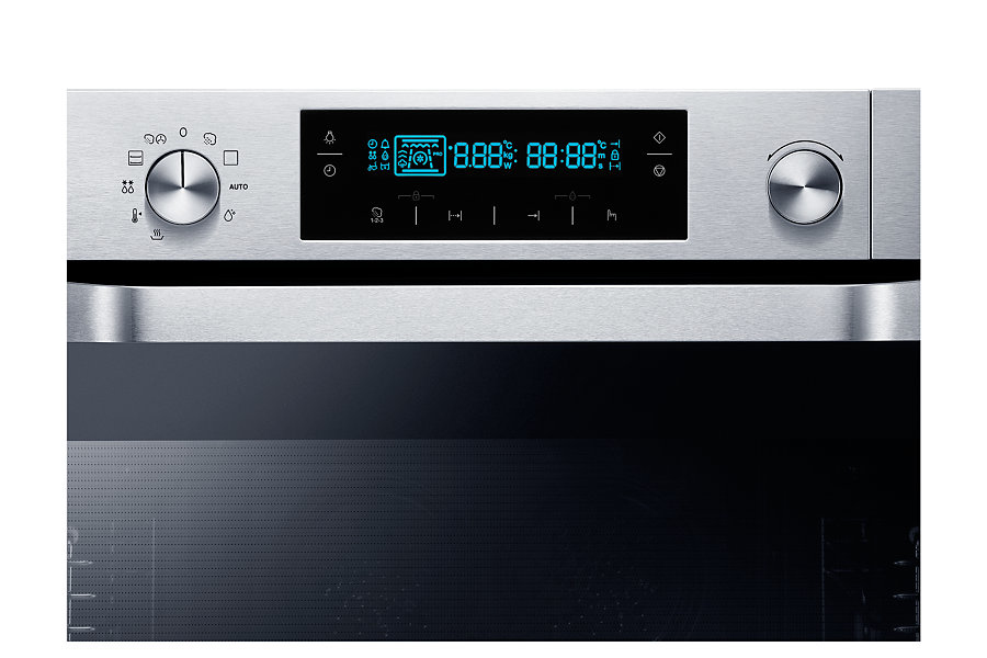 Forno in acciaio inox con display digitale a luce blu, due manopole e porta in vetro nero.