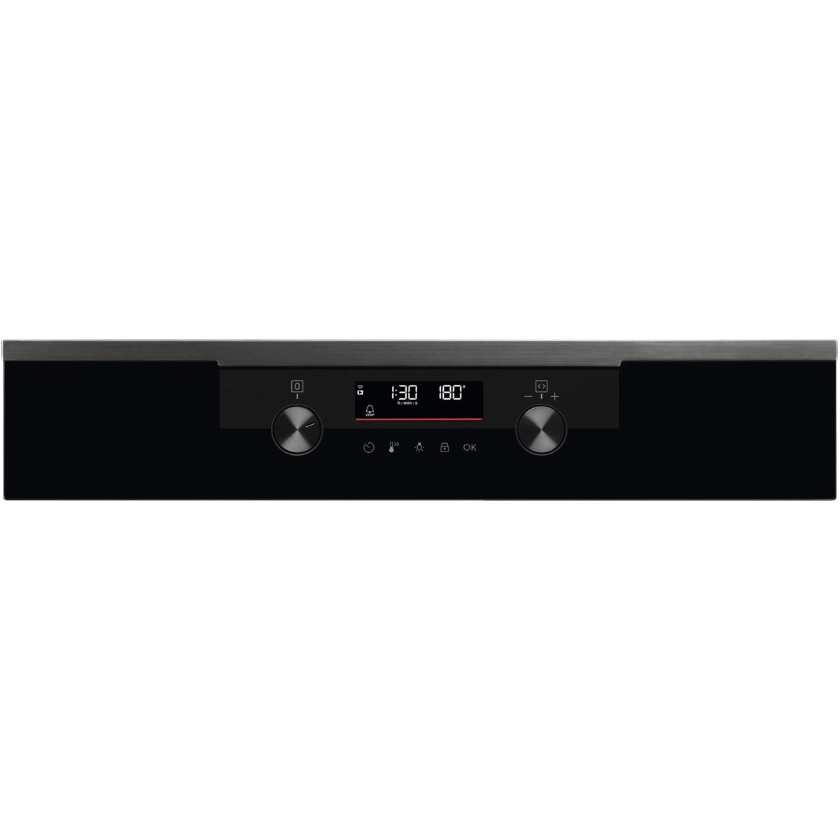 Pannello di controllo del forno nero con display digitale centrale, due manopole e icone touch.