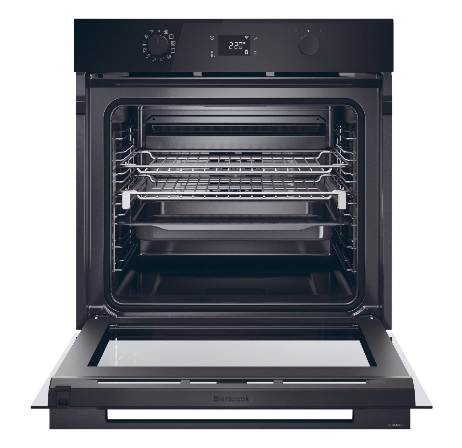 Moderno forno nero con porta aperta, con due griglie e una teglia all'interno.