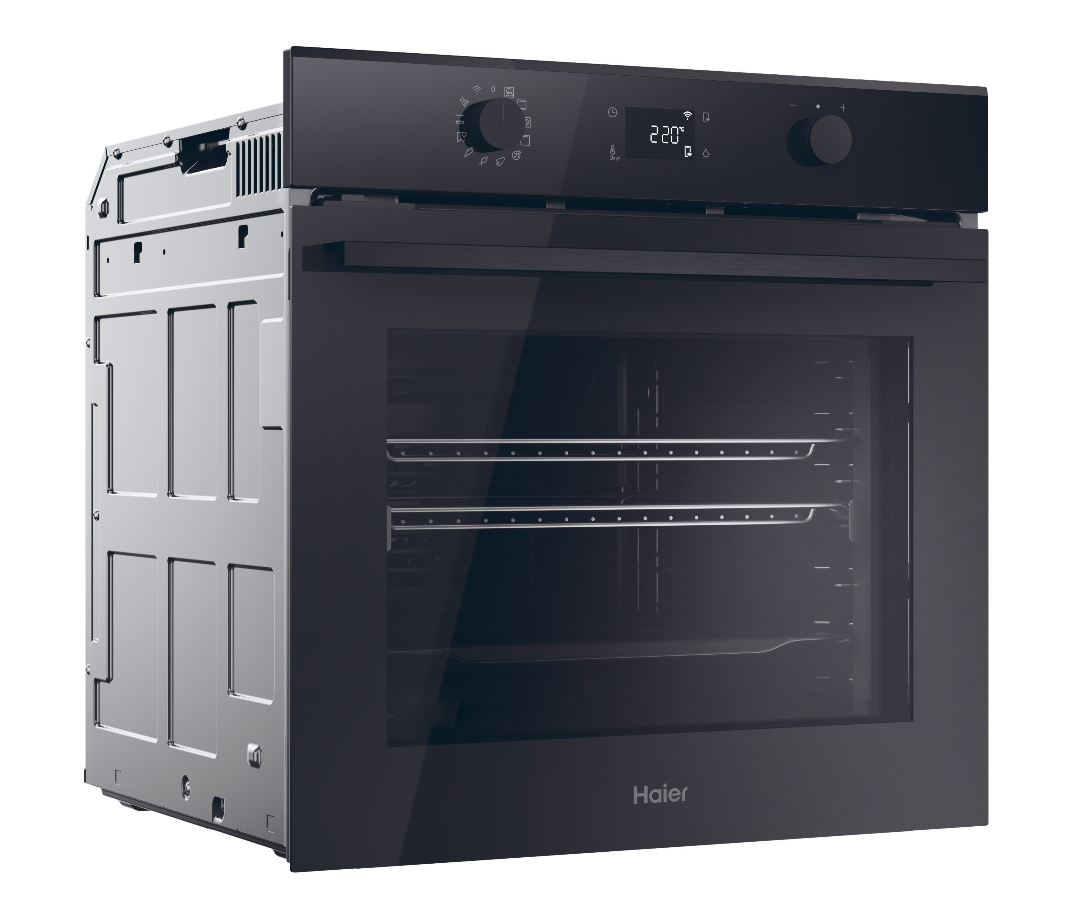 Moderno forno da incasso Haier nero con display digitale e manopole.
