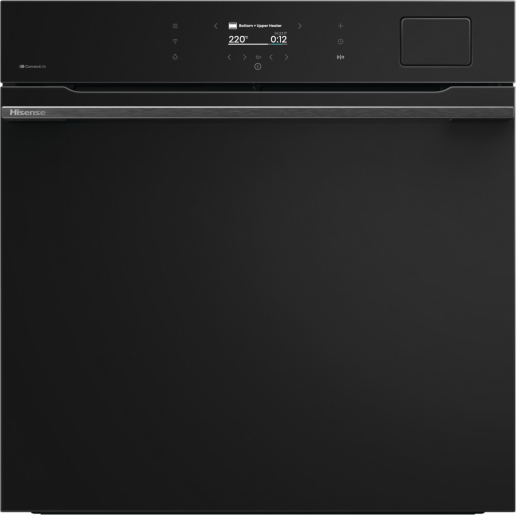 Moderno forno nero con display digitale, pannello touch e un'elegante maniglia Hisense.