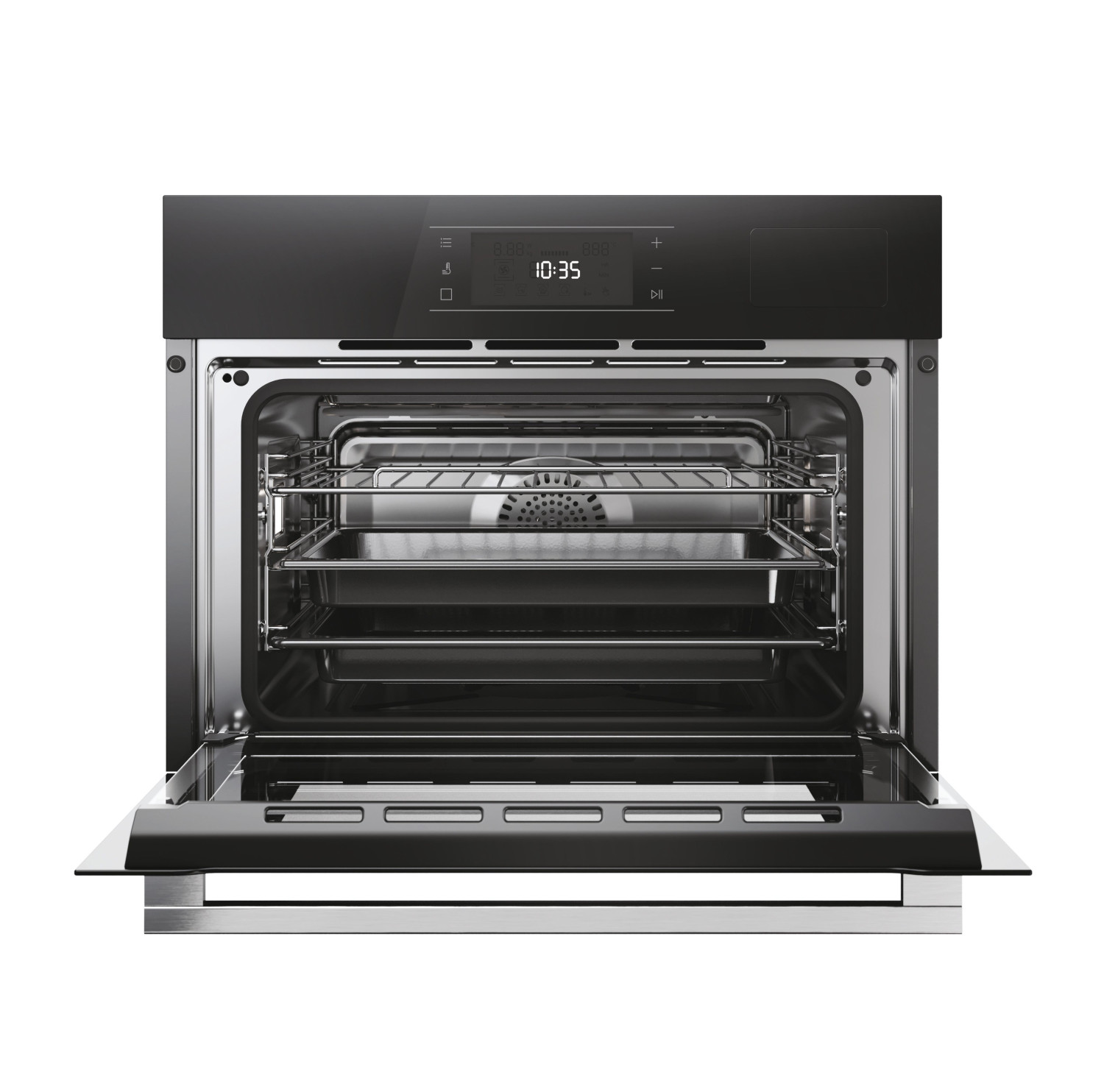 Moderno forno da incasso nero e argento con sportello aperto, griglie e display digitale.