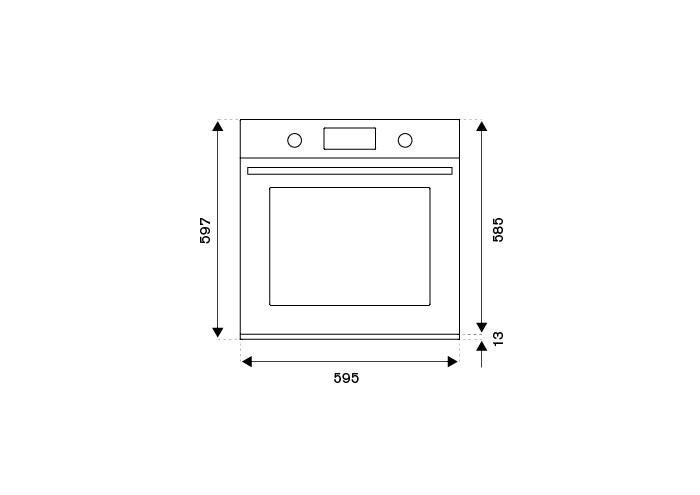 Disegno tecnico di un forno da incasso con quote in millimetri.