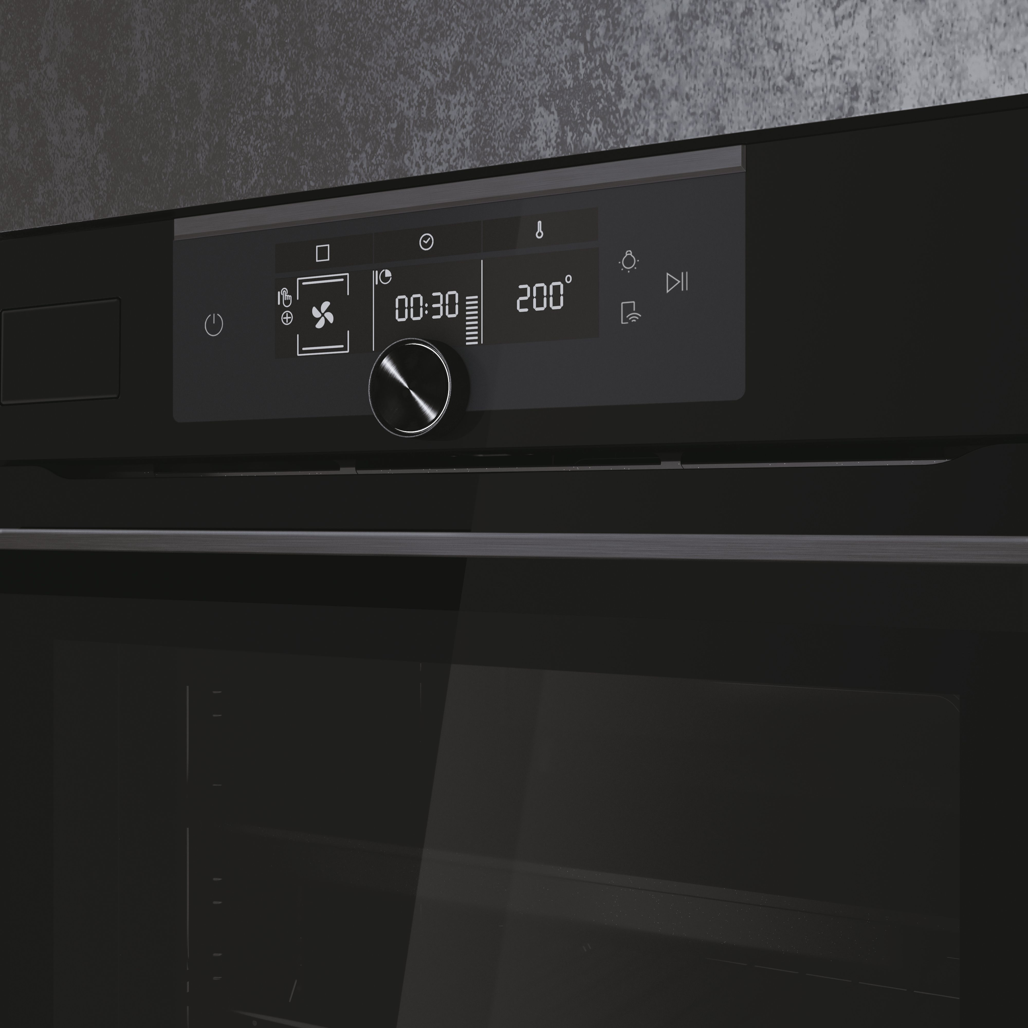 Un pannello di controllo del forno nero mostra un display digitale con timer a 00:30 e 200°C.