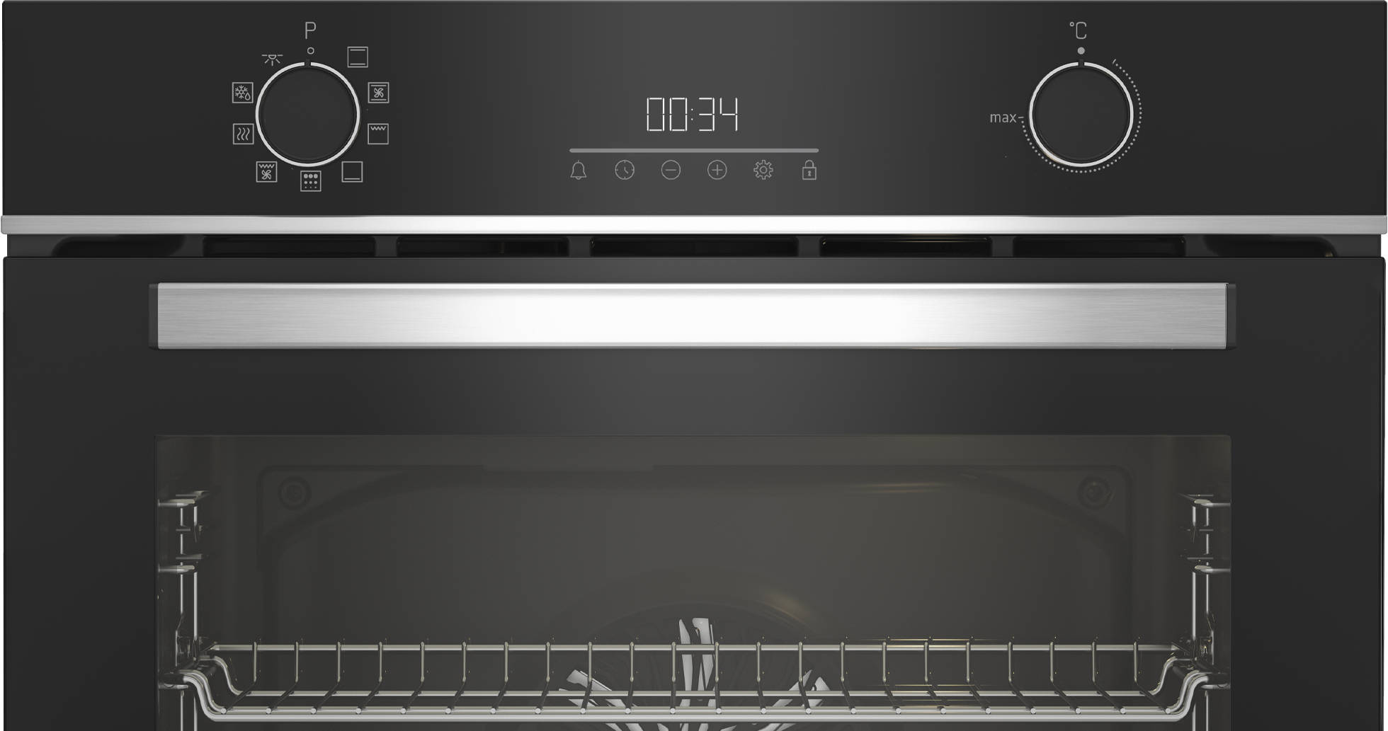 Un forno nero con manopole, orologio digitale e una maniglia in acciaio inossidabile.