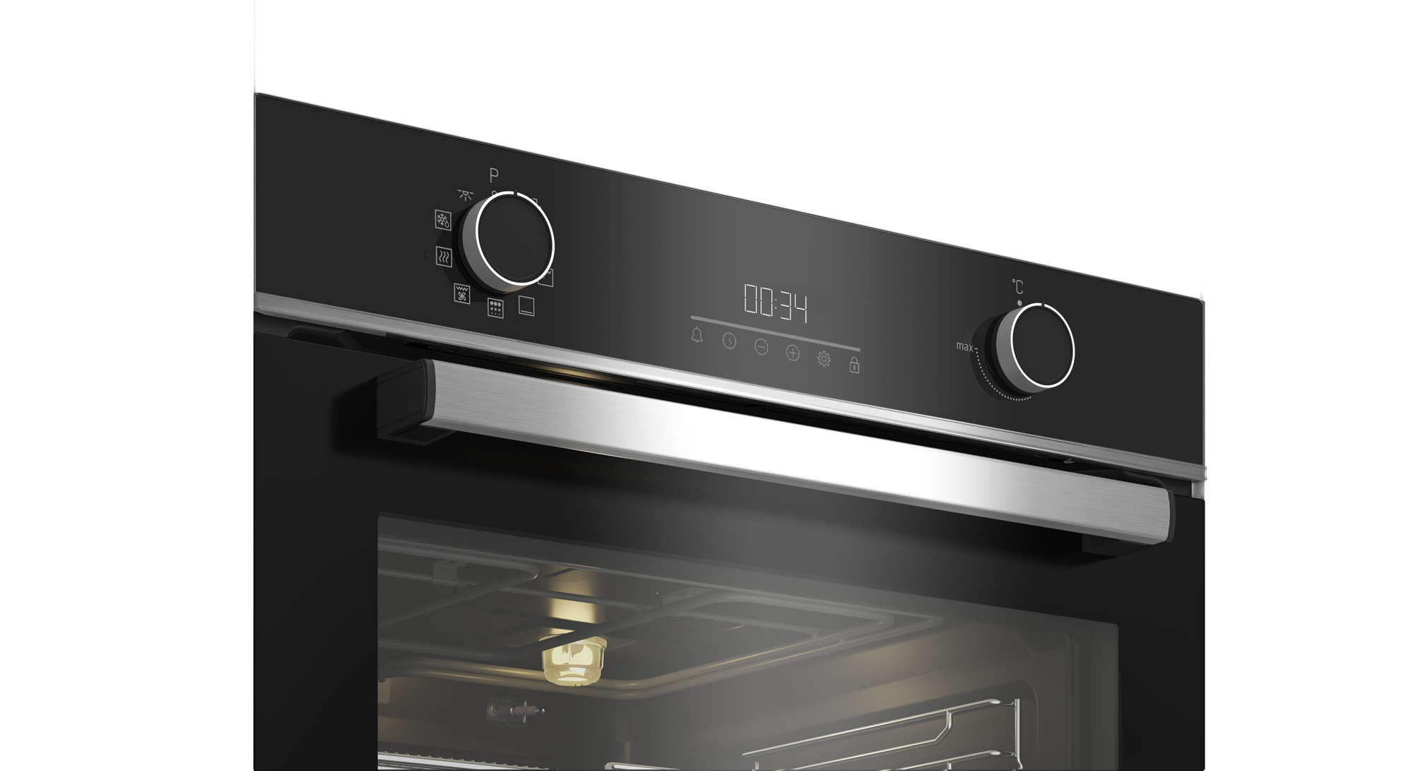 Forno nero con due manopole argentate, display digitale e maniglia in acciaio inossidabile.