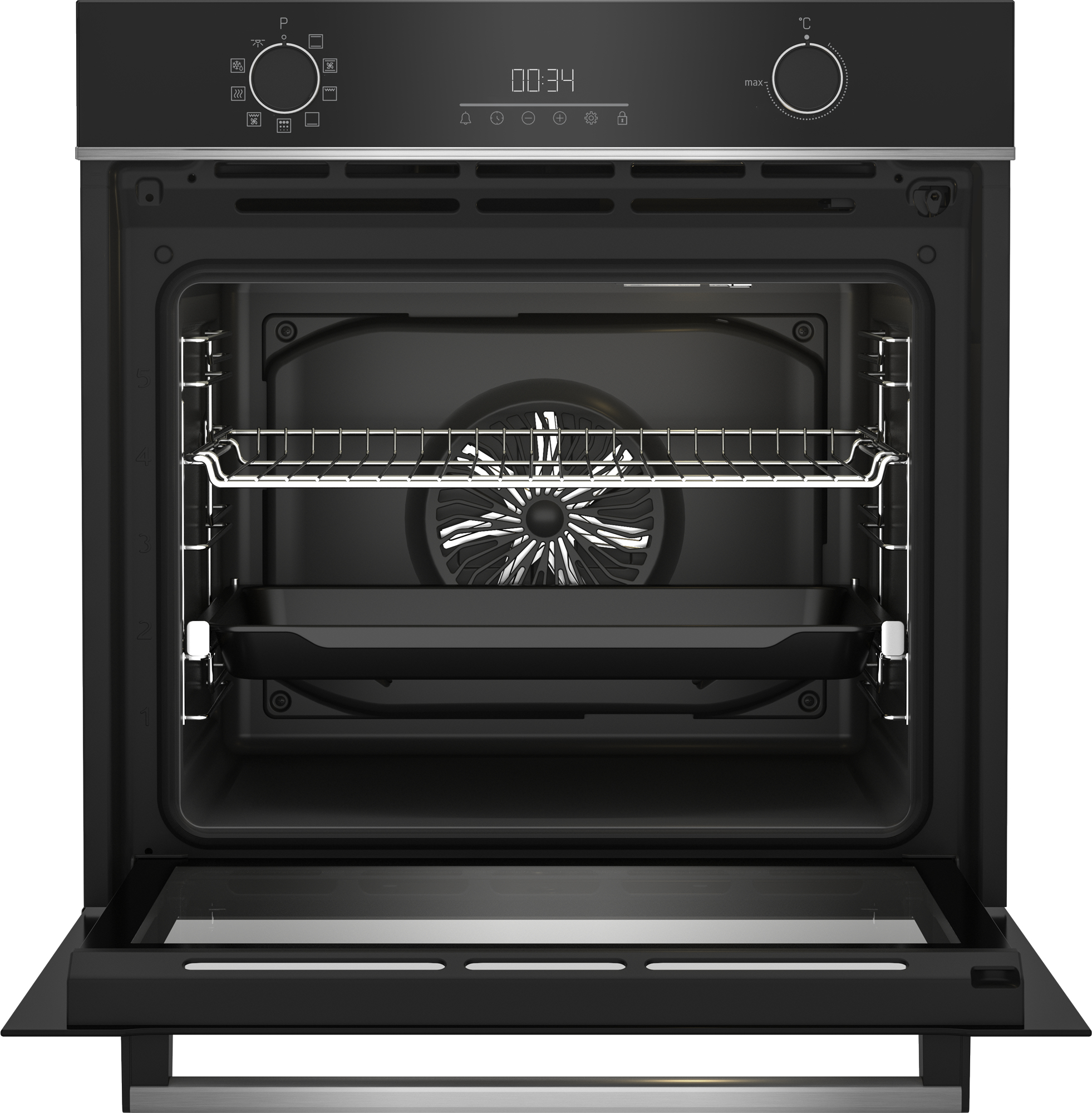 Forno da incasso nero aperto con display digitale, manopole superiori, griglia e teglia all'interno.