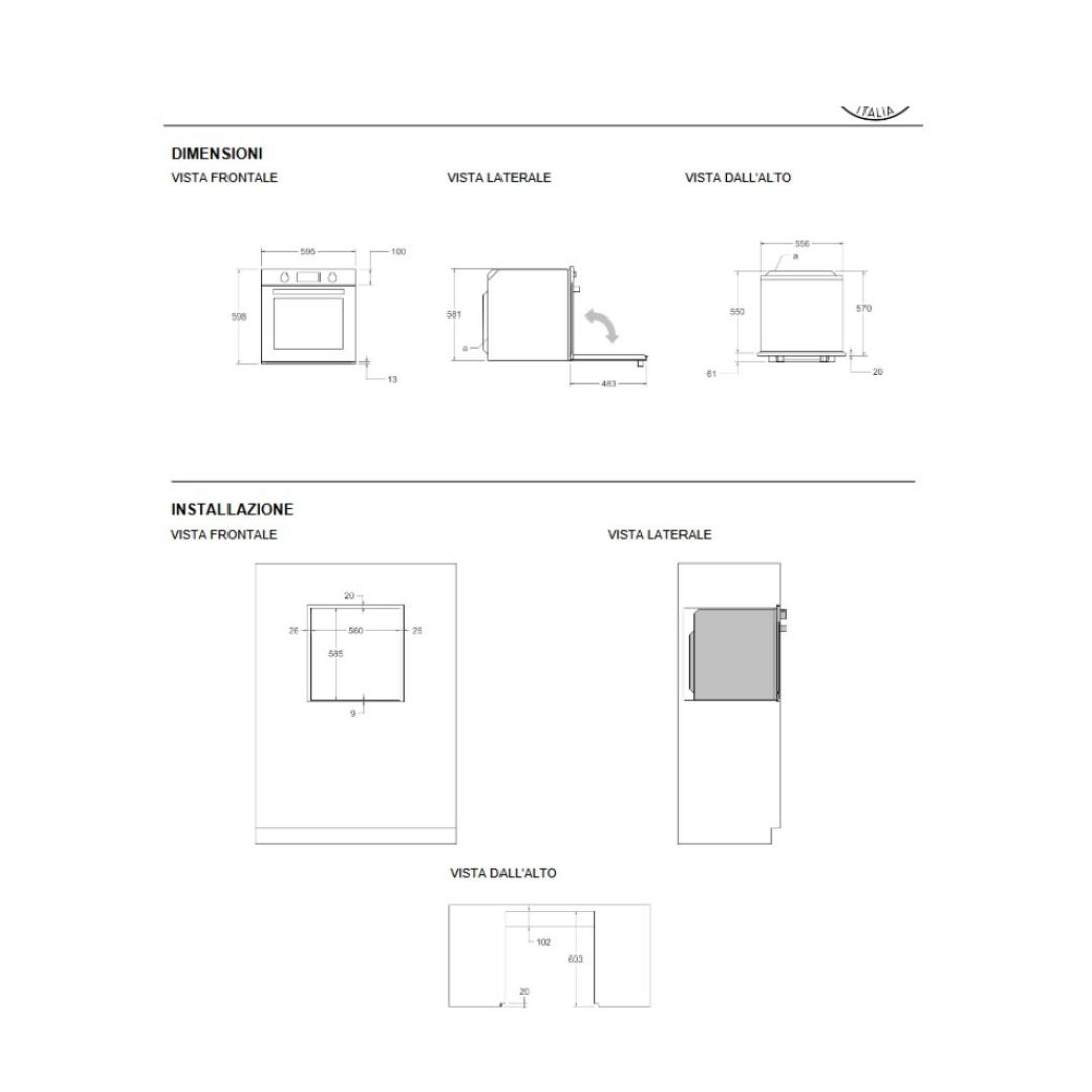 Disegno tecnico con viste frontale, laterale e dall'alto con le dimensioni di installazione di un forno.